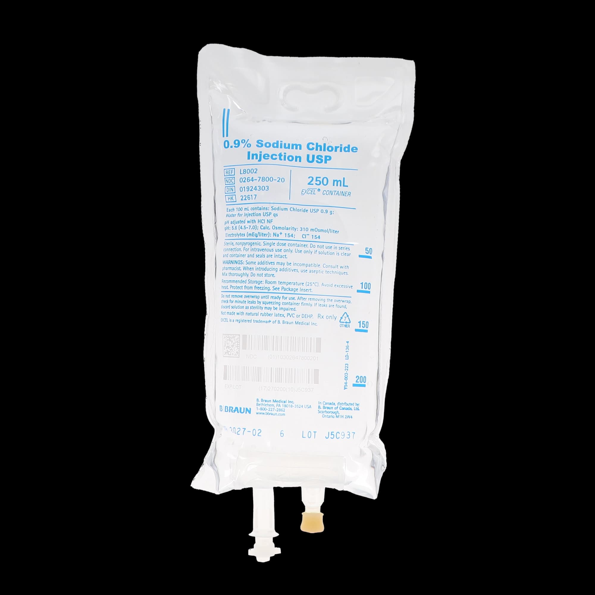 B. Braun 0.9% Sodium Chloride Injection, USP, 250 mL, PVC-Free/DEHP-Free EXCEL Plus Bag, L8002 thumbnail 6