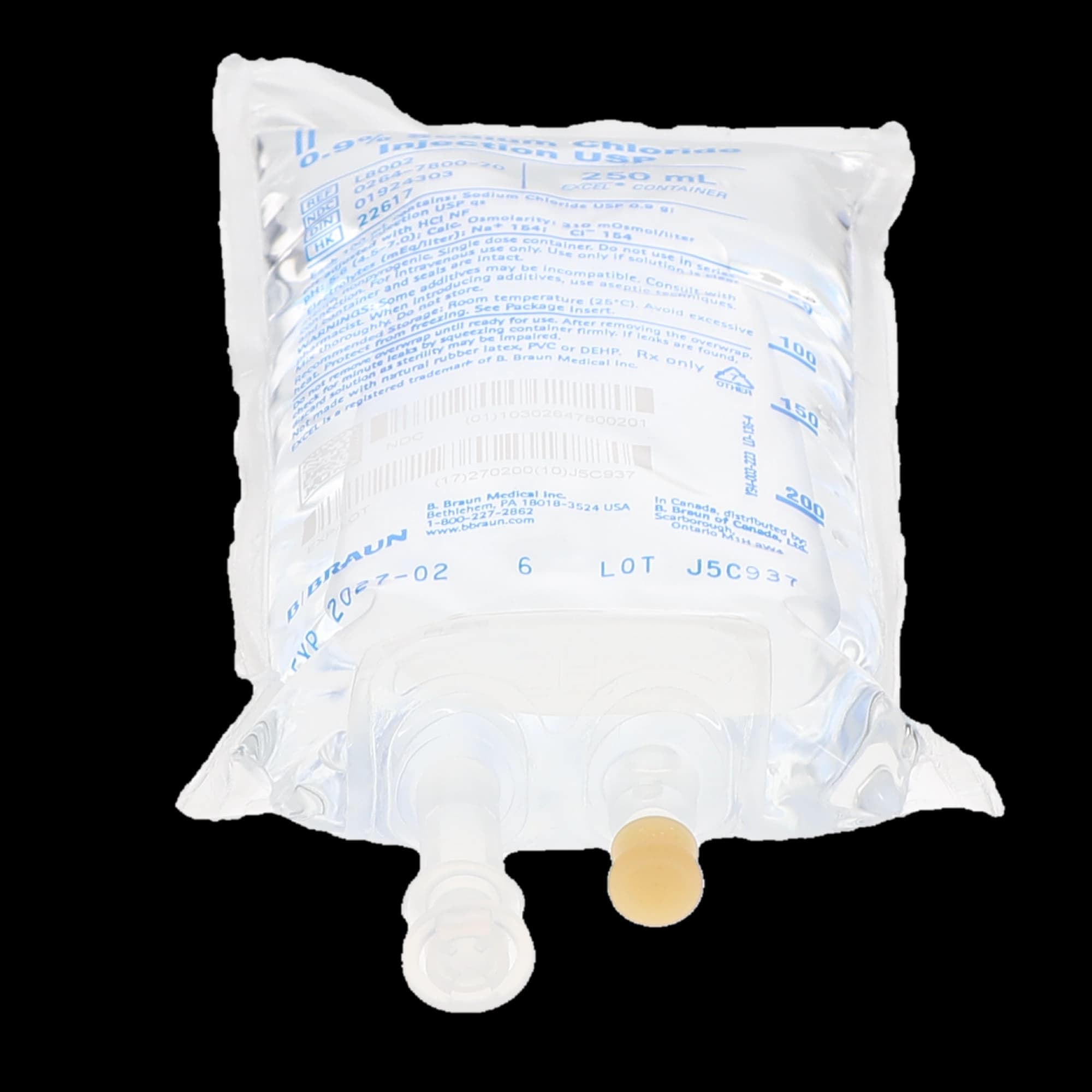 B. Braun 0.9% Sodium Chloride Injection, USP, 250 mL, PVC-Free/DEHP-Free EXCEL Plus Bag, L8002 thumbnail 2