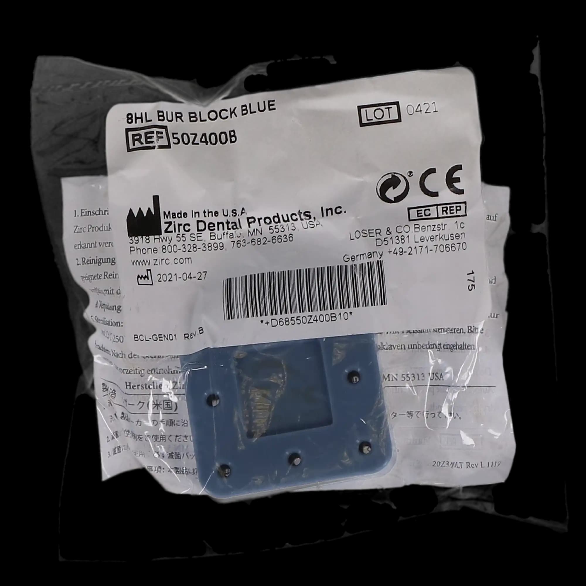 Zirc 8-Hole Magnetic Bur Block, Blue, Fits FG/RA/HP Burs, Autoclavable, 50Z400B thumbnail 5