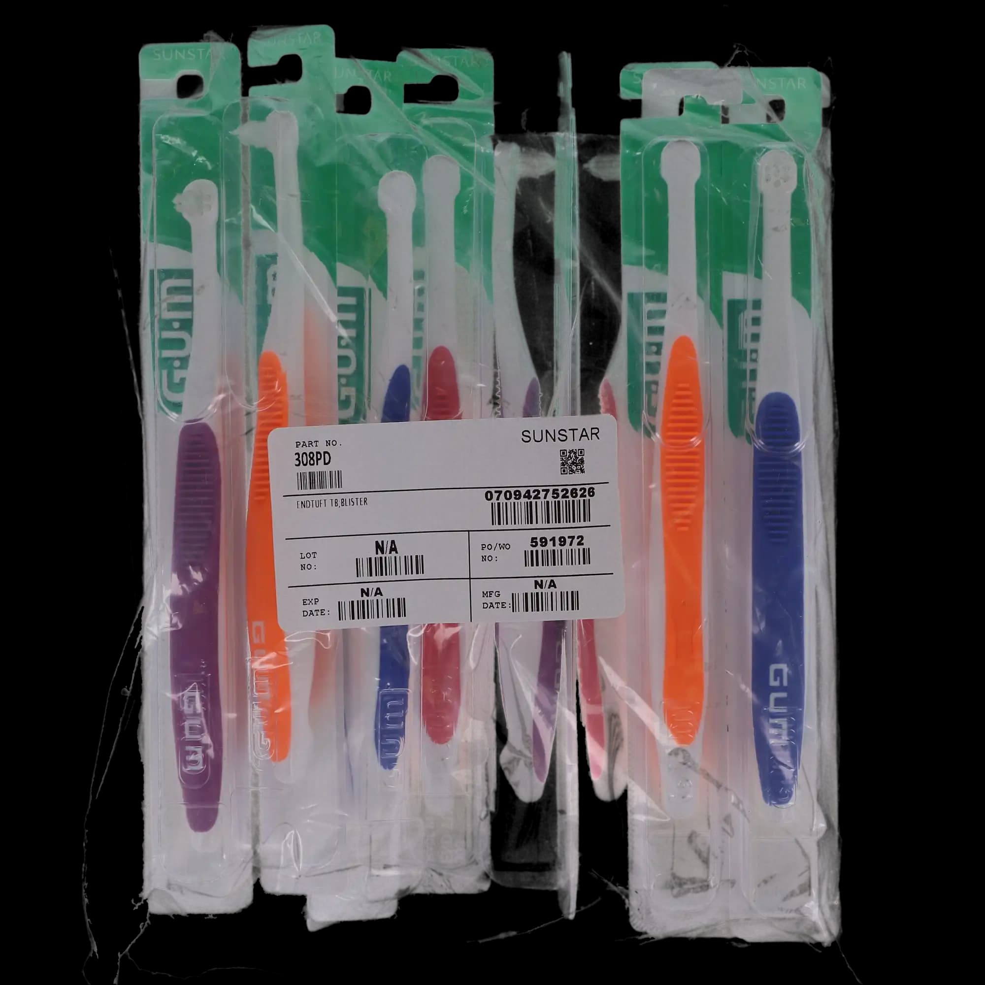 GUM End Tuft Toothbrush, Tapered Trim, Soft Bristles, 3 Rows, 7 Tufts, Small Head, Assorted Colors, 12/Box, 308PD thumbnail 10