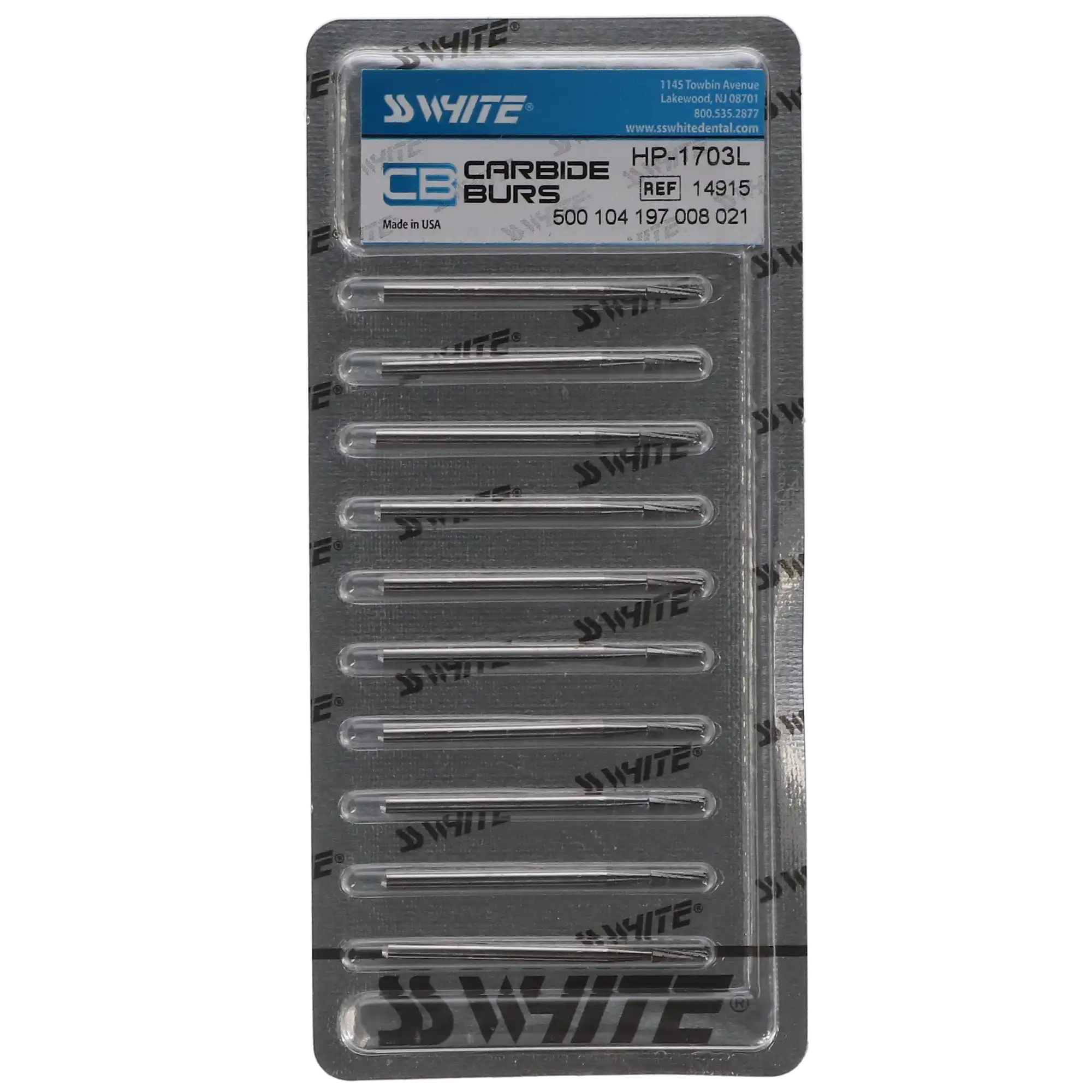 SS White Oral Surgery Carbide Bur, HP, #1703L, Round End Crosscut Tapered Fissure, #1 Shank, 10/Pk, 14915 thumbnail 5