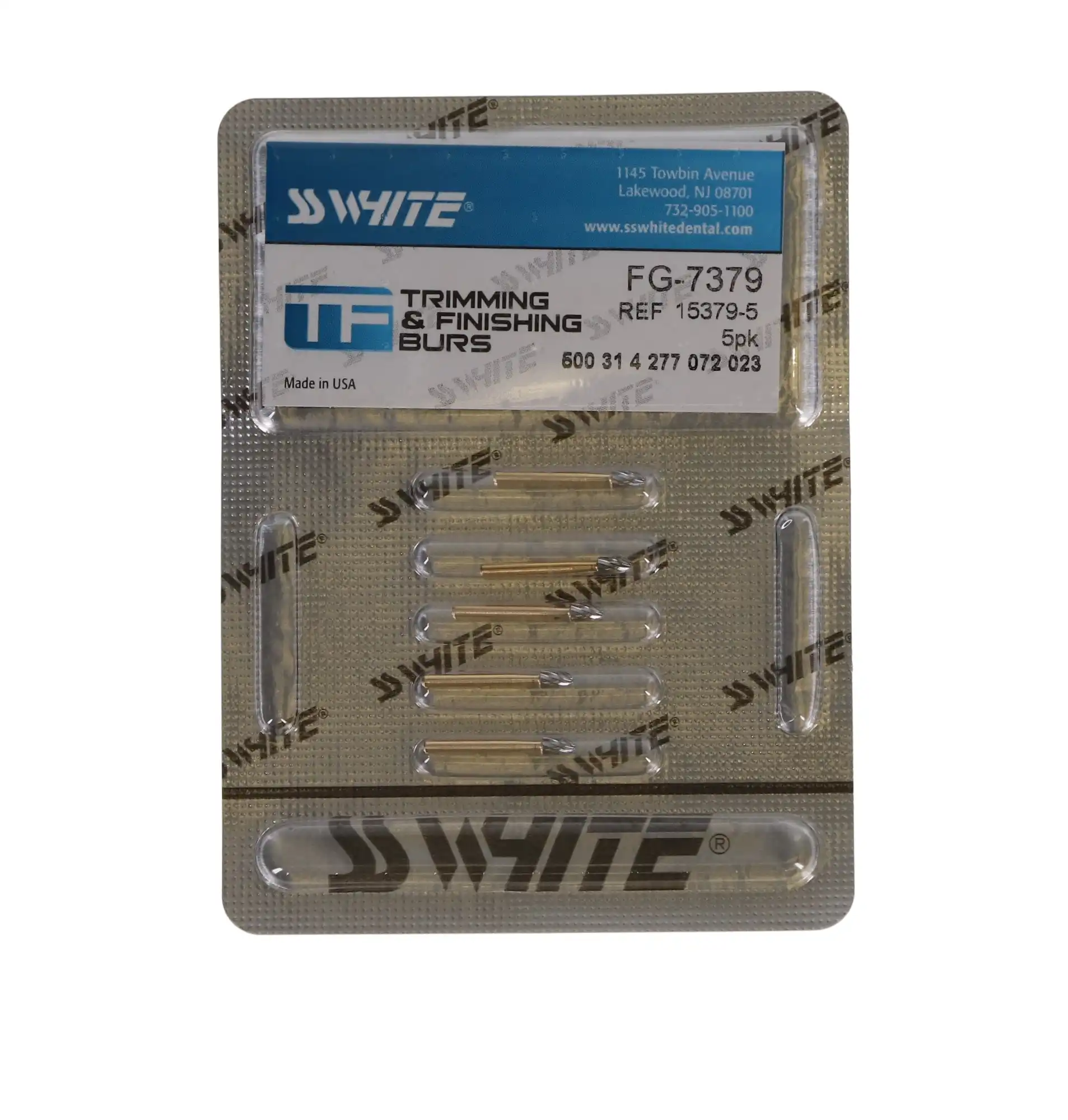 SS White Trimming & Finishing Carbide Burs, 12-Blade, FG, Egg/Football, #7379, 5/Pk, 15379-5 thumbnail 5