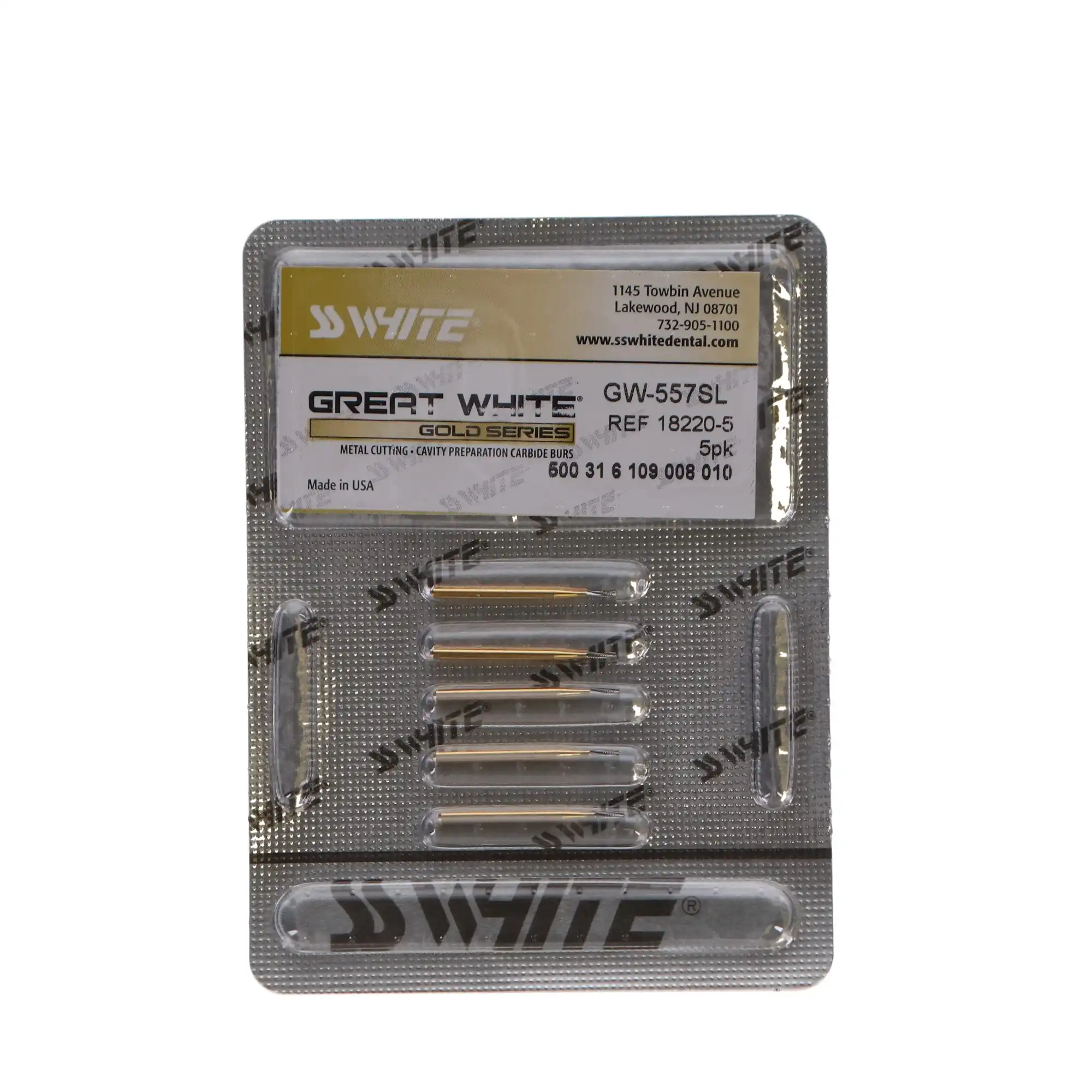 Great White Gold Series Carbide Bur, FG Surgical Length, Straight Cross Cut Fissure, #557, 5/Pk, GWSL557, 18220-5 thumbnail 5