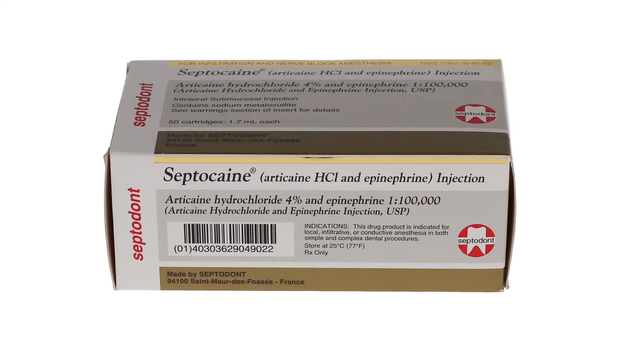 Septocaine® Articaine HCl 4% with Epinephrine 1:100,000, Gold Box, 1.7 mL Cartridges, 50/Box, 01A1400 thumbnail 10