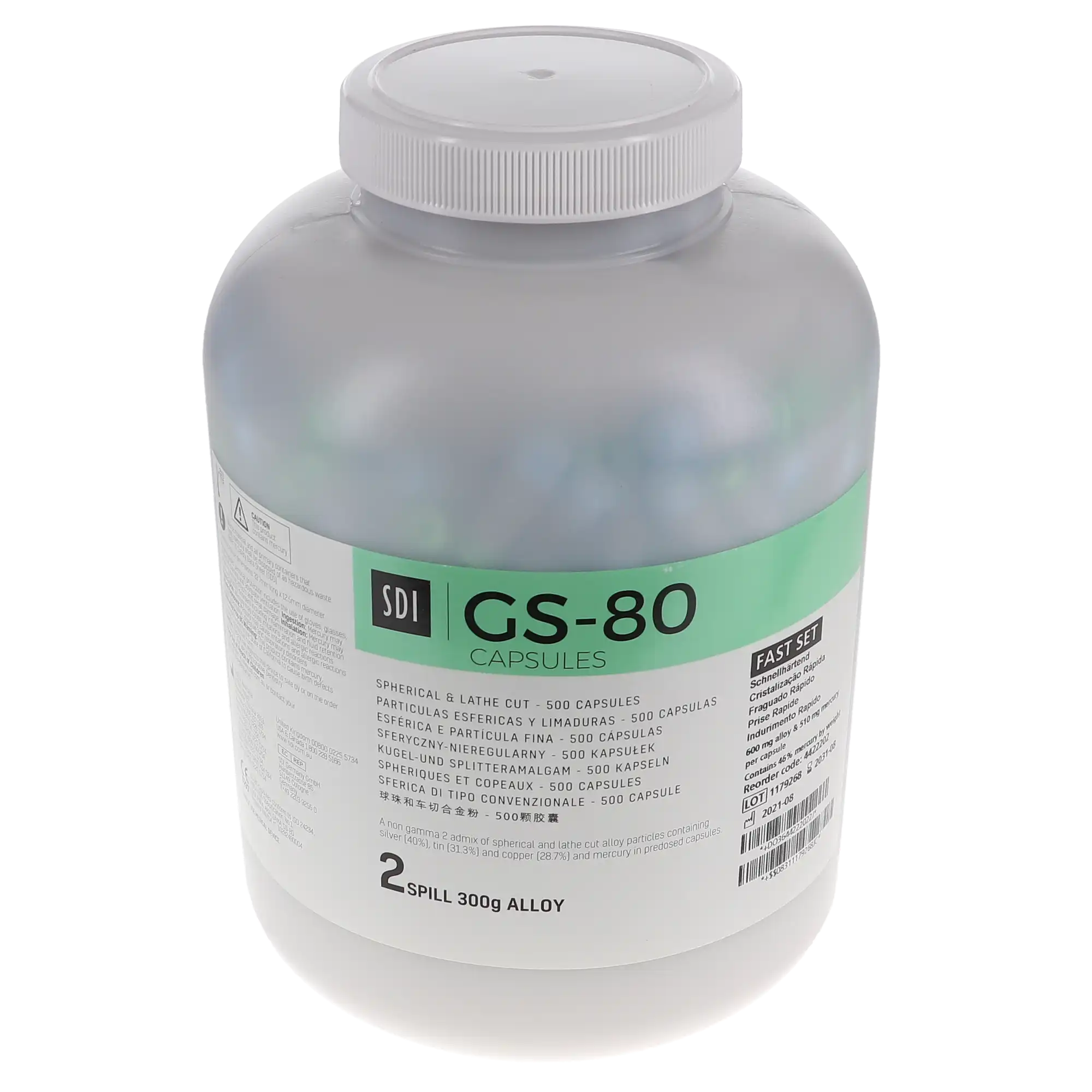 SDI GS-80 Dispersed Phase Amalgam Capsules, 2 Spill, Fast Set, 600 mg, Light Green/Gray, 500/Pk, 4422202 thumbnail 3