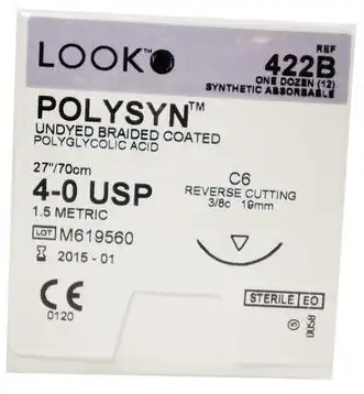 Look PolySyn Polyglycolic Acid Absorbable Suture, 4-0, Undyed Braided, 27", C-6 Reverse Cutting Needle, 3/8 Circle, 12/Box, 422B thumbnail 5