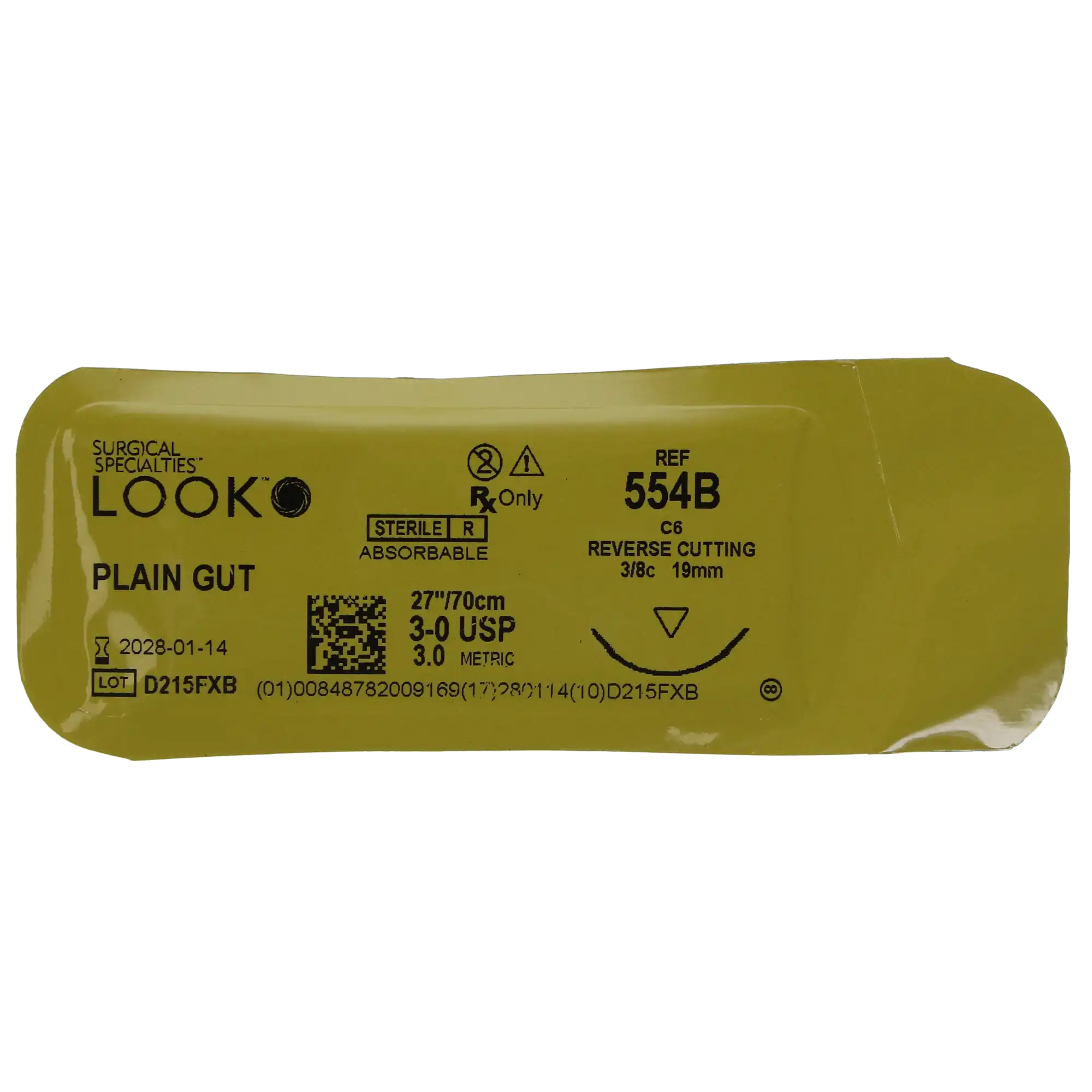 Look Plain Gut Absorbable Suture, 3-0, 27" (70 cm), C-6 Reverse Cutting Needle, 3/8 Circle, Beige, 12/Box, 554B thumbnail 6