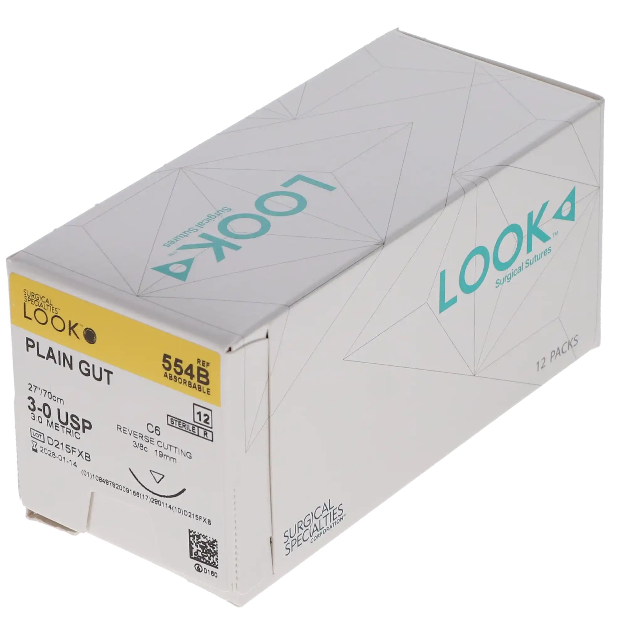 Look Plain Gut Absorbable Suture, 3-0, 27" (70 cm), C-6 Reverse Cutting Needle, 3/8 Circle, Beige, 12/Box, 554B thumbnail 7