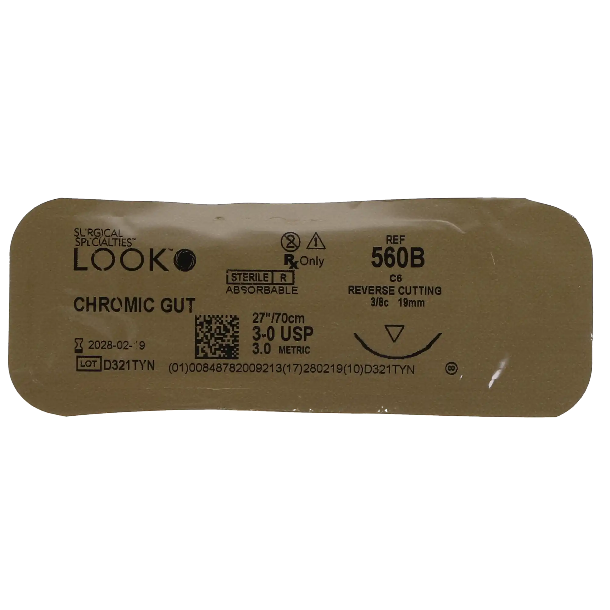 Look Chromic Gut Absorbable Suture, 3-0, 27" (70 cm), C-6 Reverse Cutting Needle, 3/8 Circle, 12/Pk, 560B thumbnail 5