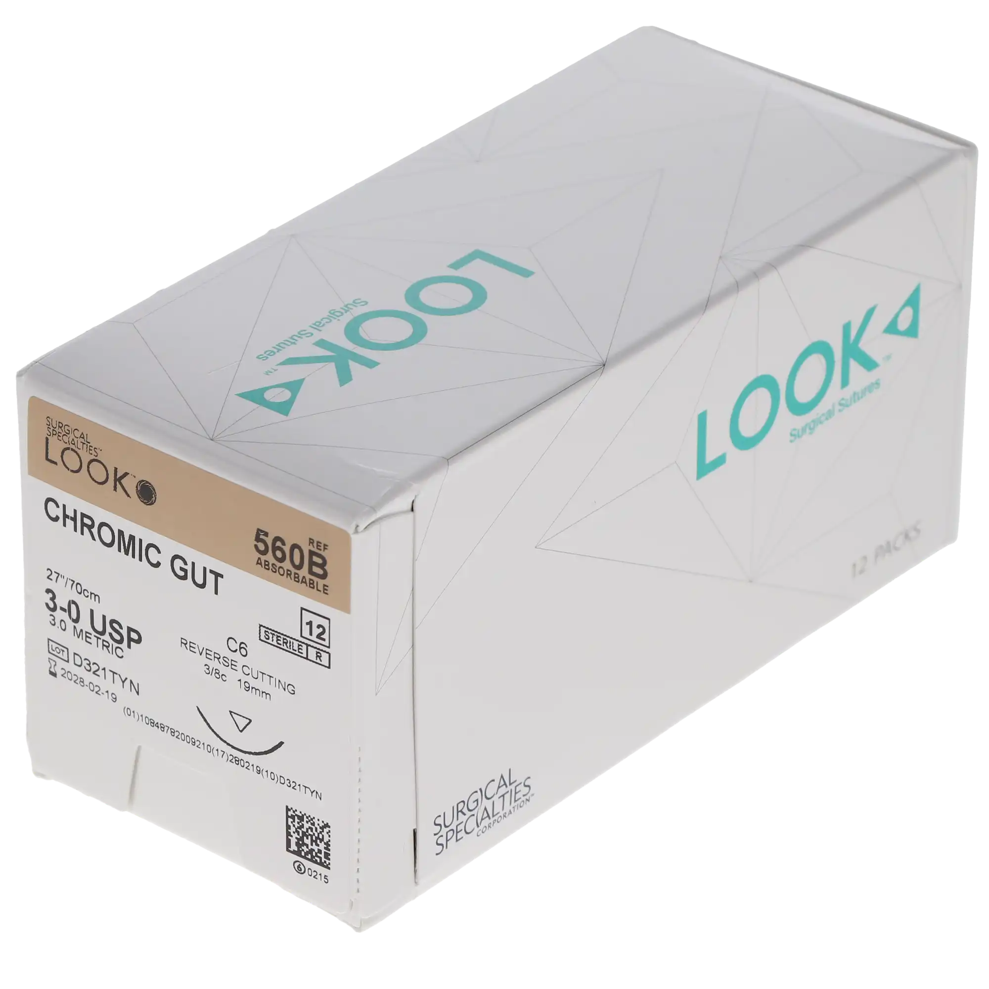 Look Chromic Gut Absorbable Suture, 3-0, 27" (70 cm), C-6 Reverse Cutting Needle, 3/8 Circle, 12/Pk, 560B thumbnail 7
