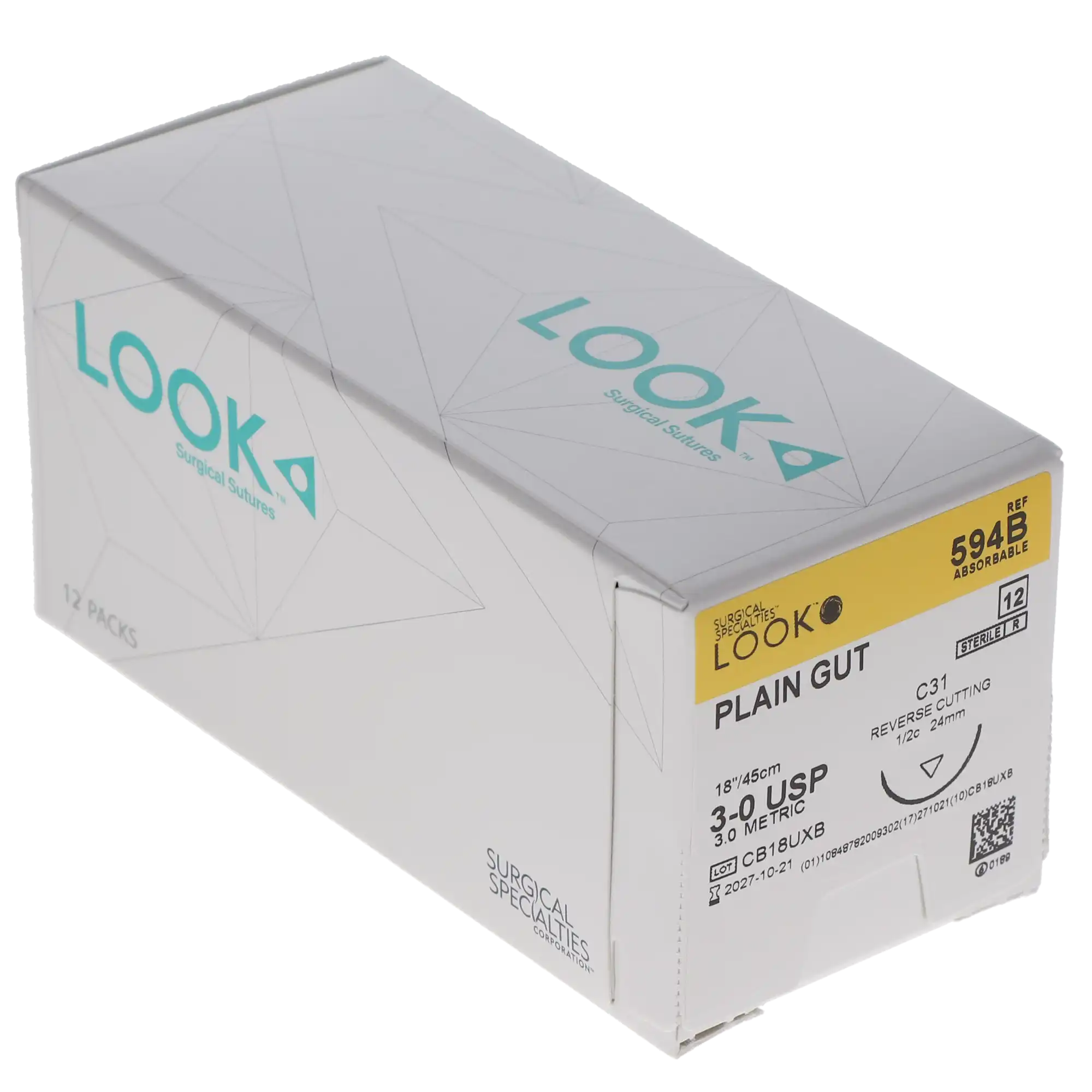 Look Plain Gut Absorbable Suture, 3-0, 18", C-31 Reverse Cutting Needle, 1/2 Circle, 24 mm, Beige, 12/Box, 594B thumbnail 7