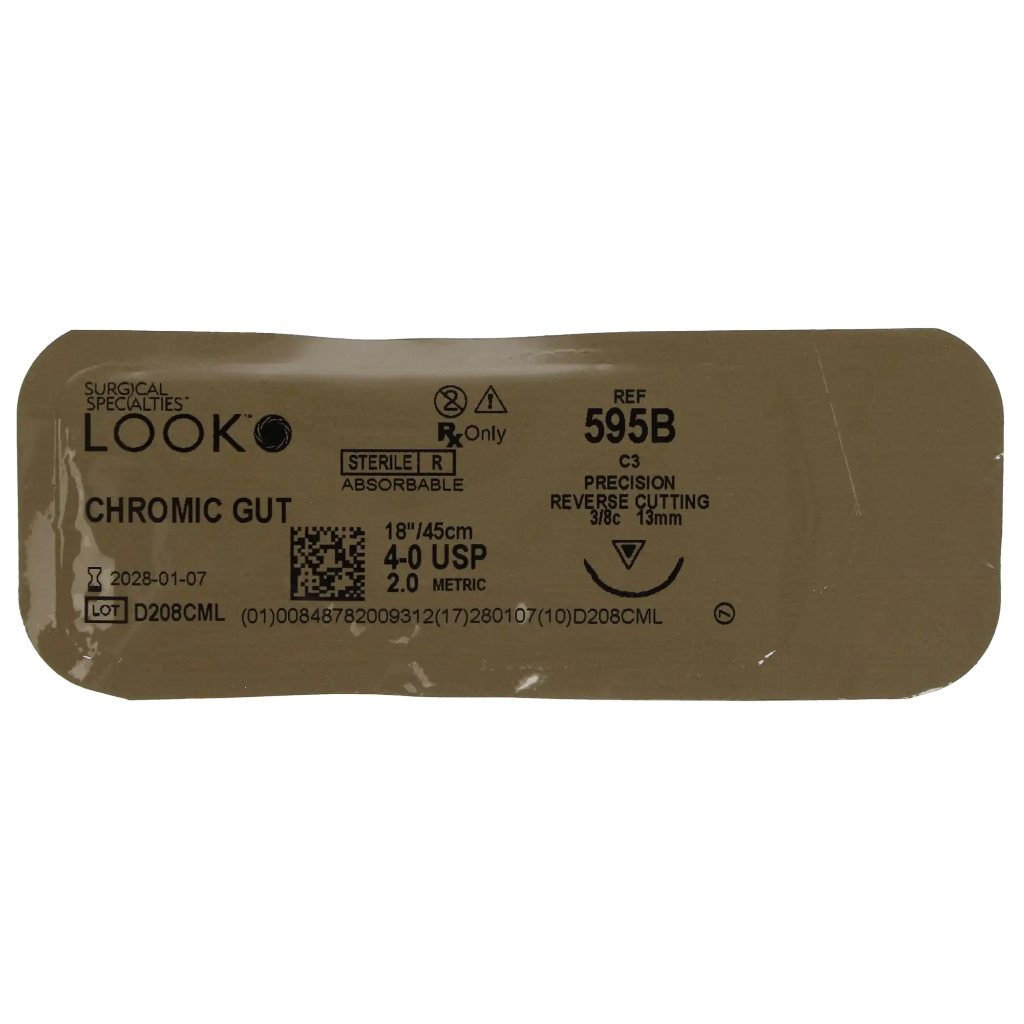 Look Chromic Gut Absorbable Suture, 4-0, 18"/45 cm, C-3 Precision Reverse Cutting Needle, 3/8 Circle, 12/Pk, 595B thumbnail 6