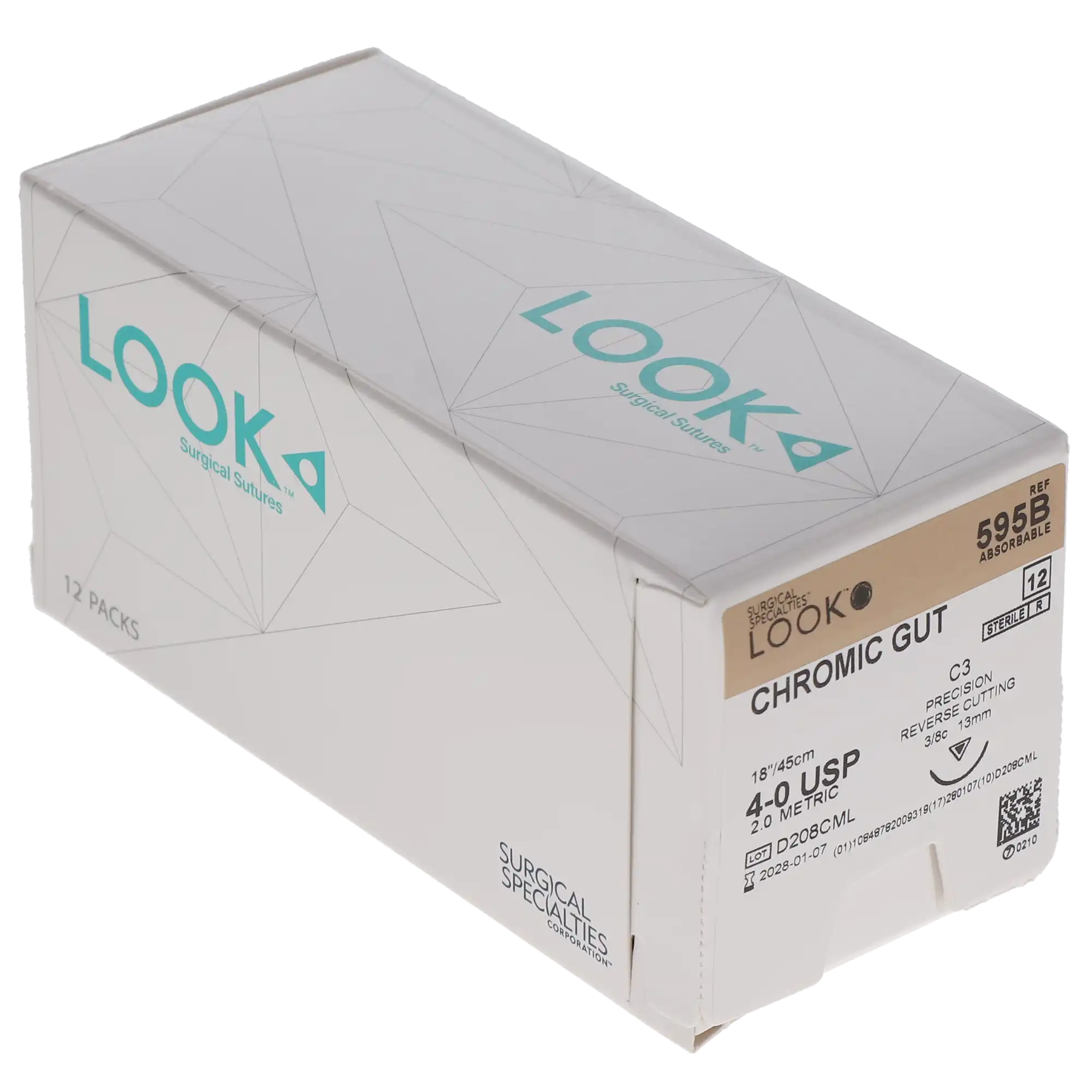 Look Chromic Gut Absorbable Suture, 4-0, 18"/45 cm, C-3 Precision Reverse Cutting Needle, 3/8 Circle, 12/Pk, 595B thumbnail 7
