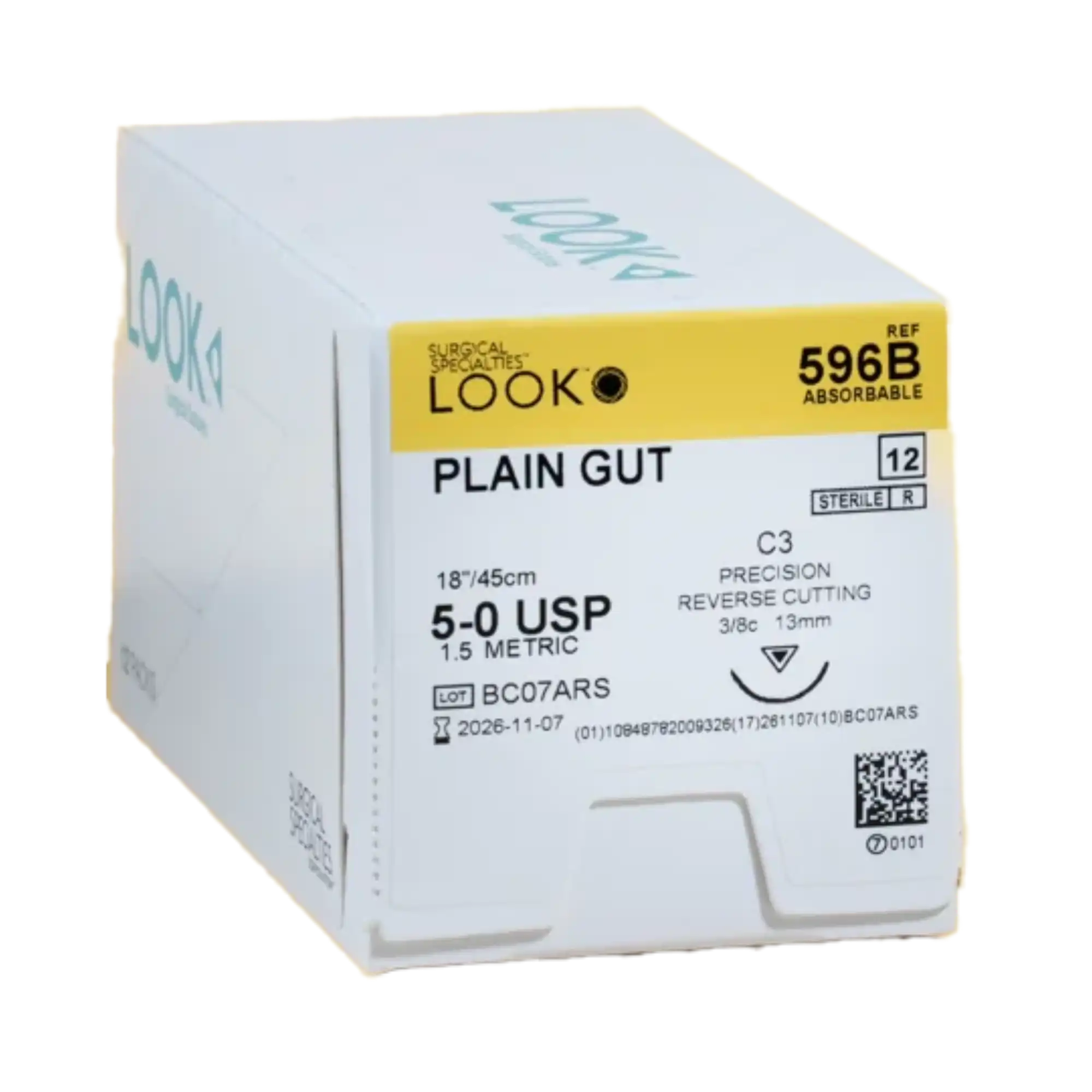 Look Plain Gut Absorbable Suture, 5-0, 18"/45 cm, C3 Precision Reverse Cutting Needle, 13 mm 3/8 Circle, 12/Pk, 596B thumbnail 5