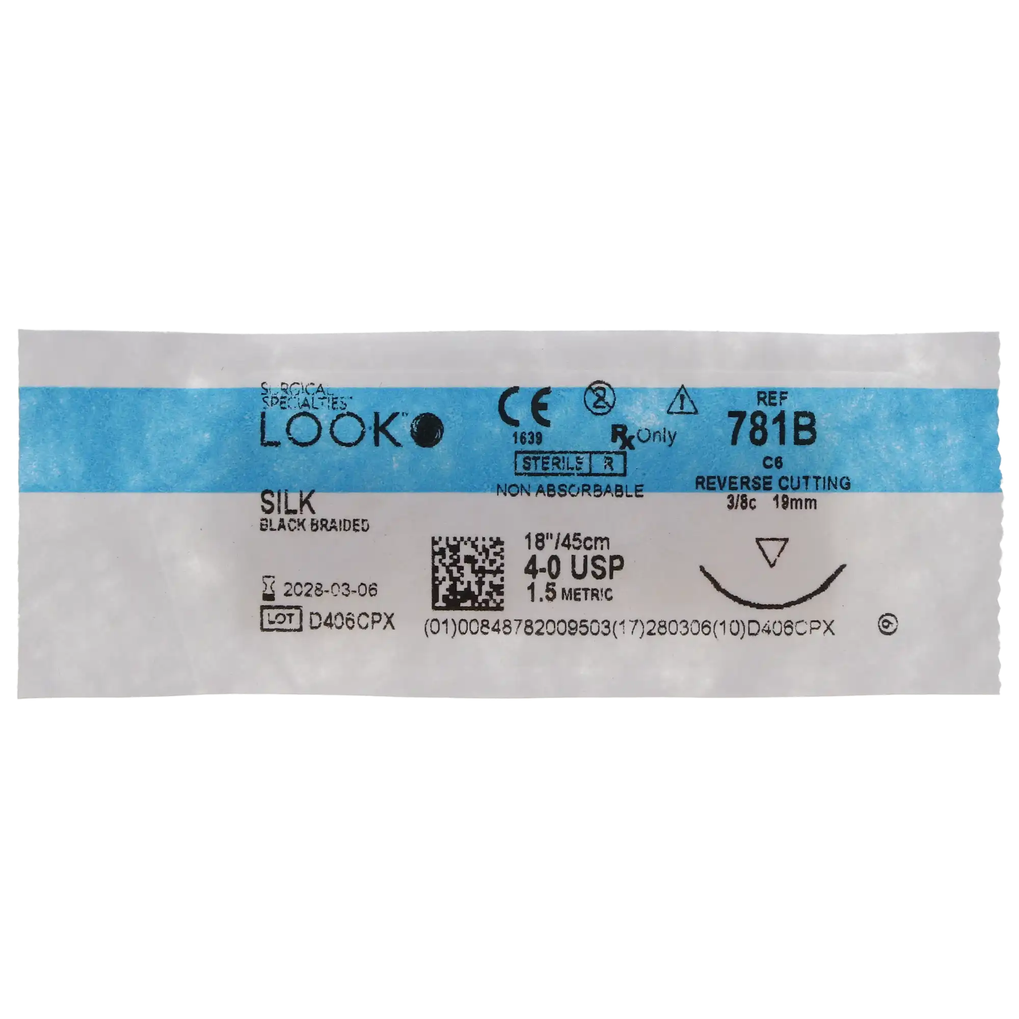 Look 781B Silk Black Braided Non-Absorbable Suture, 4-0, 18" (45 cm), C-6 Reverse Cutting 3/8 Circle Needle, 12/Box thumbnail 7