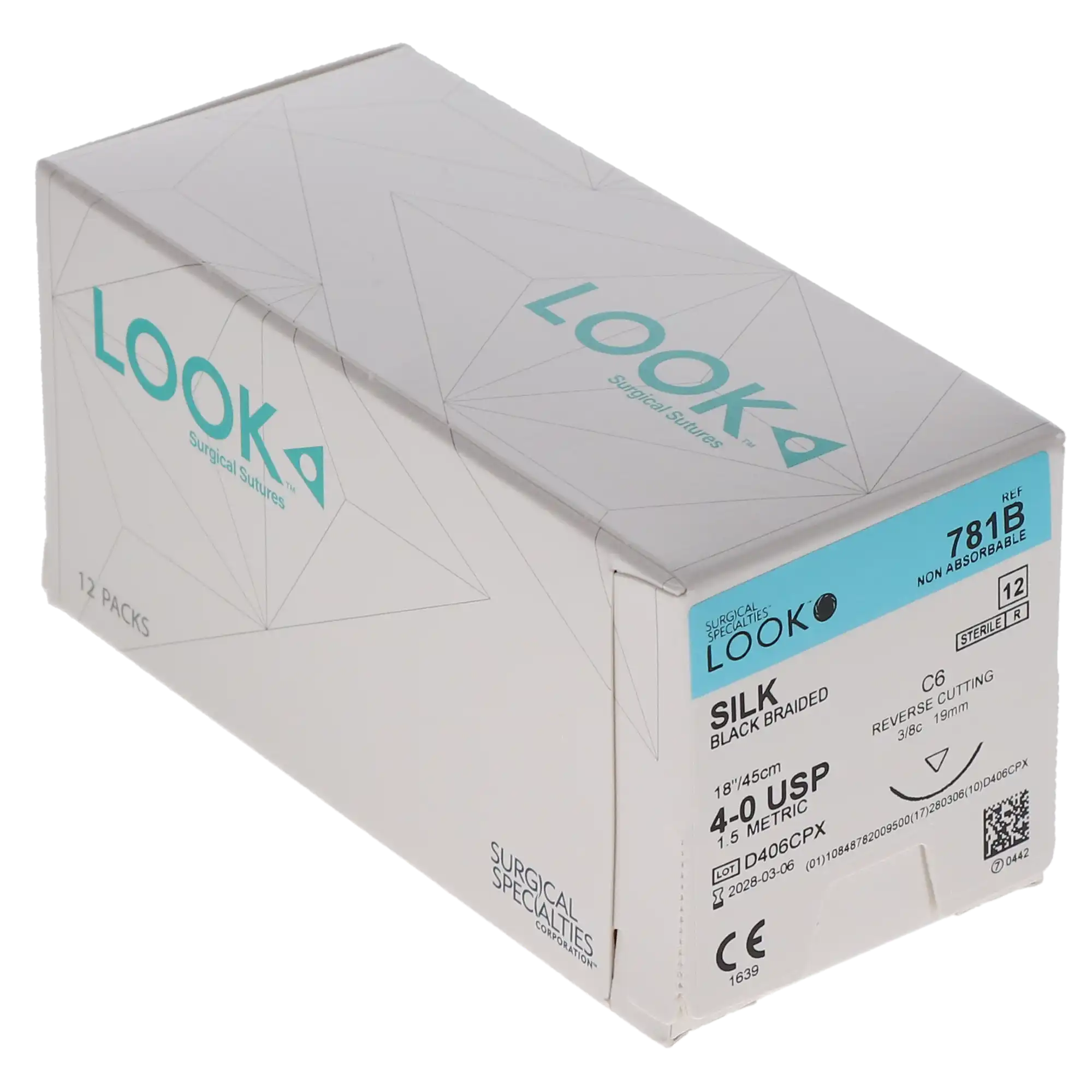 Look 781B Silk Black Braided Non-Absorbable Suture, 4-0, 18" (45 cm), C-6 Reverse Cutting 3/8 Circle Needle, 12/Box thumbnail 8