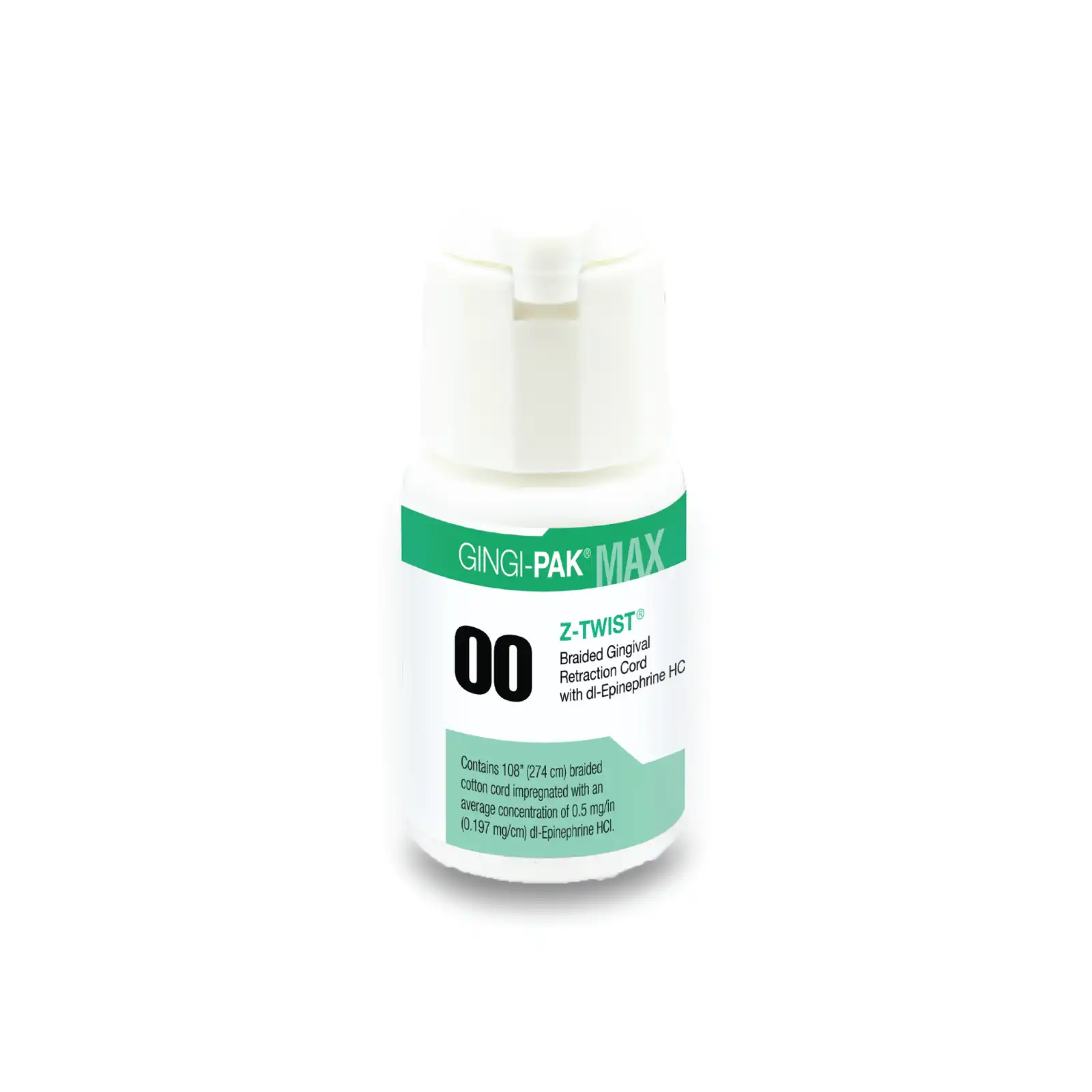 Gingi-Pak Max Z-Twist Weave Retraction Cord with DL-Epinephrine HCl, #00 Very Thin, 100% Cotton, 108" Bottle, 10170M thumbnail 2