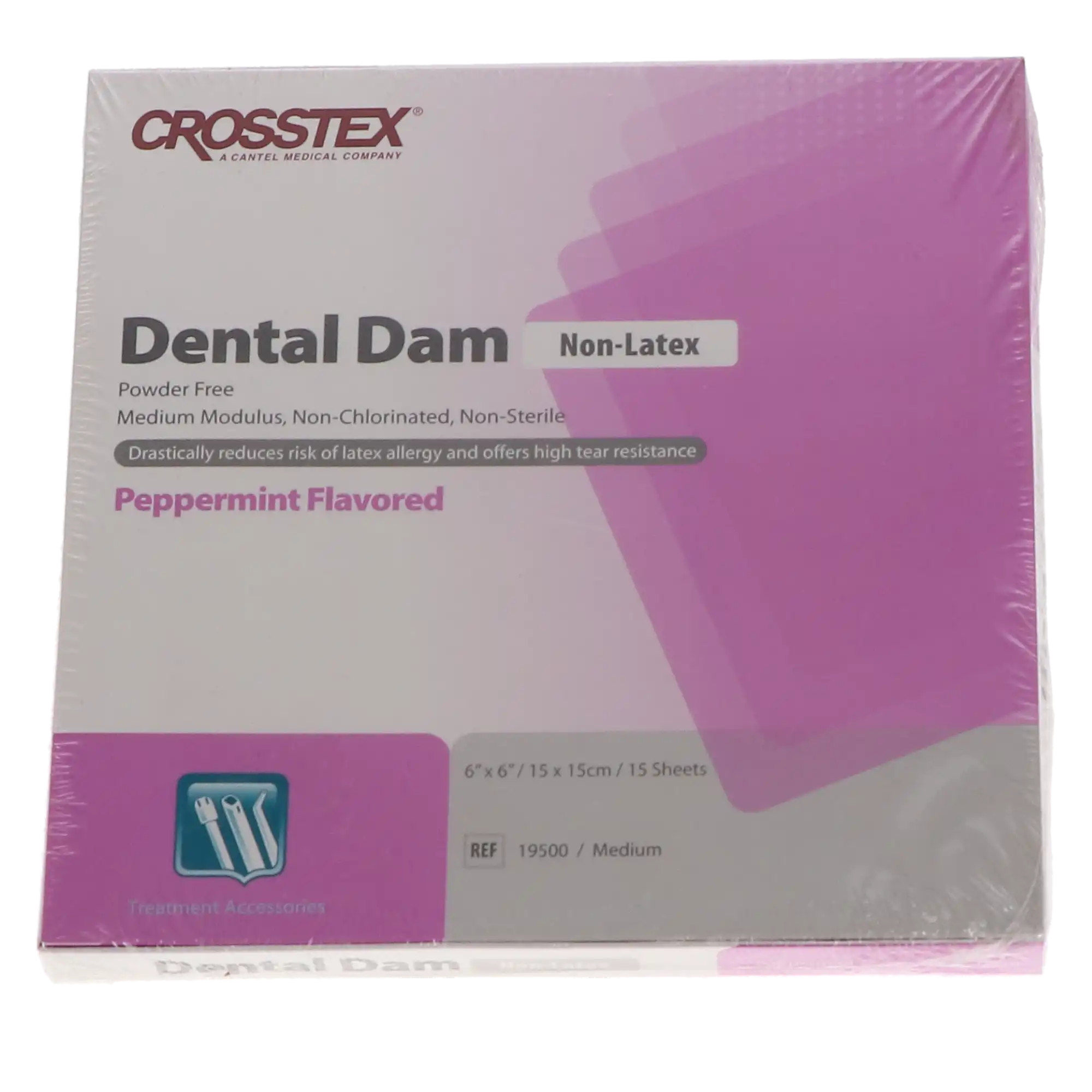 Crosstex Non-Latex Dental Dam, 6" x 6", Medium, Purple, Peppermint Flavored, 15/Box, 19500 thumbnail 5