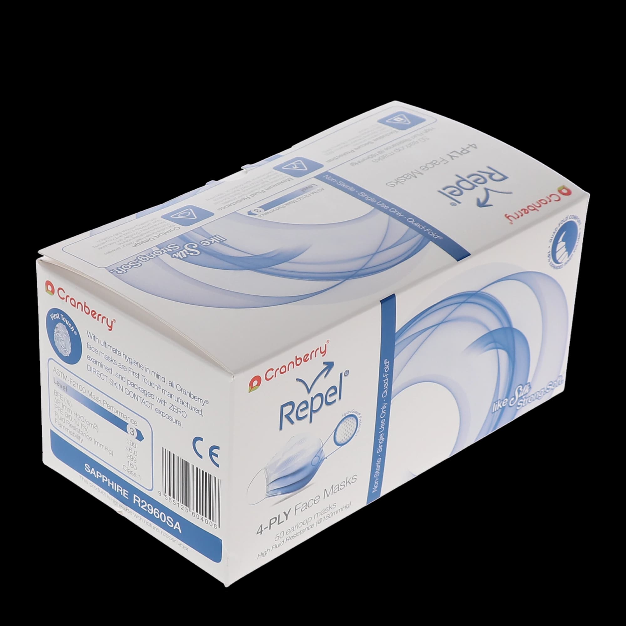 Cranberry Repel 4-Ply Earloop Procedure Face Mask, ASTM Level 3, Sapphire, 50/Box, R2960SA thumbnail 13