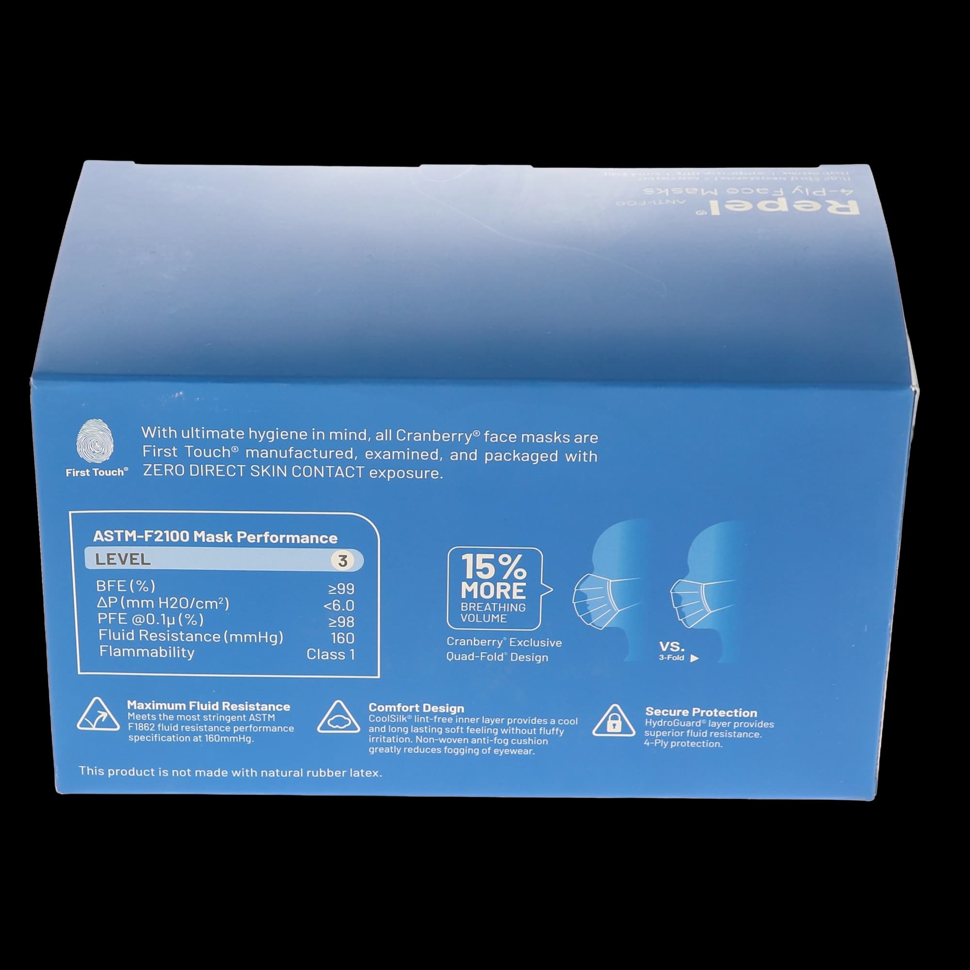 Cranberry Repel Anti-Fog 4-Ply Earloop Face Mask, ASTM Level 3, Sapphire, 50/Box, R2970SA thumbnail 12