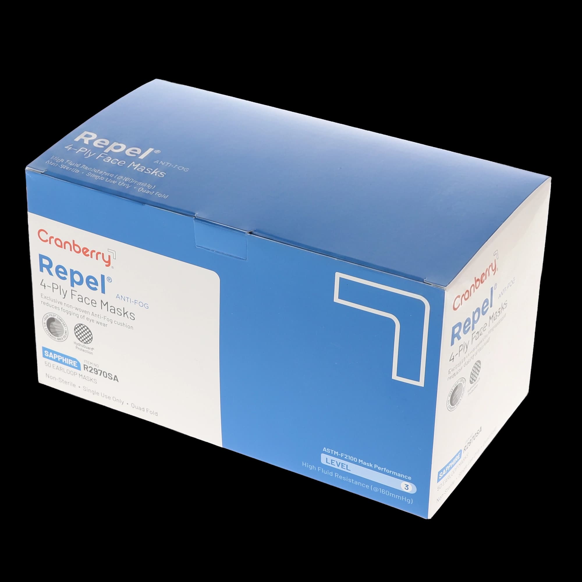 Cranberry Repel Anti-Fog 4-Ply Earloop Face Mask, ASTM Level 3, Sapphire, 50/Box, R2970SA thumbnail 13
