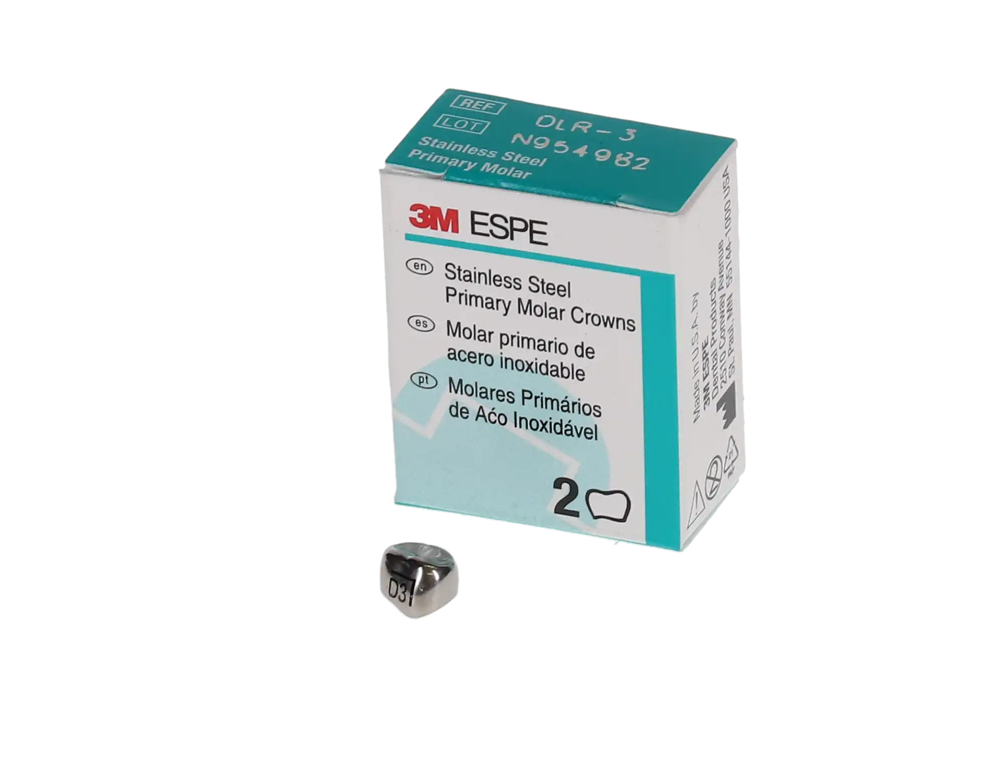 3M ESPE Stainless Steel Primary Molar Crown, First Primary Molar, Lower Right, Size DLR3, Refill Box of 5, D-LR-3 thumbnail 3