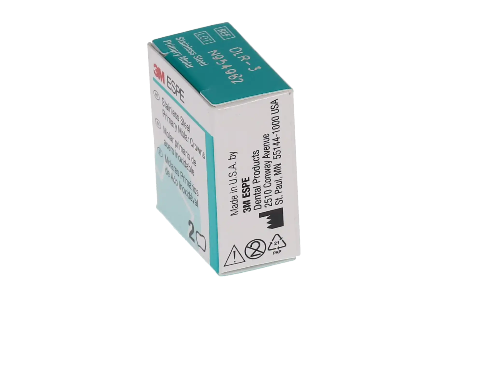 3M ESPE Stainless Steel Primary Molar Crown, First Primary Molar, Lower Right, Size DLR3, Refill Box of 5, D-LR-3 thumbnail 4