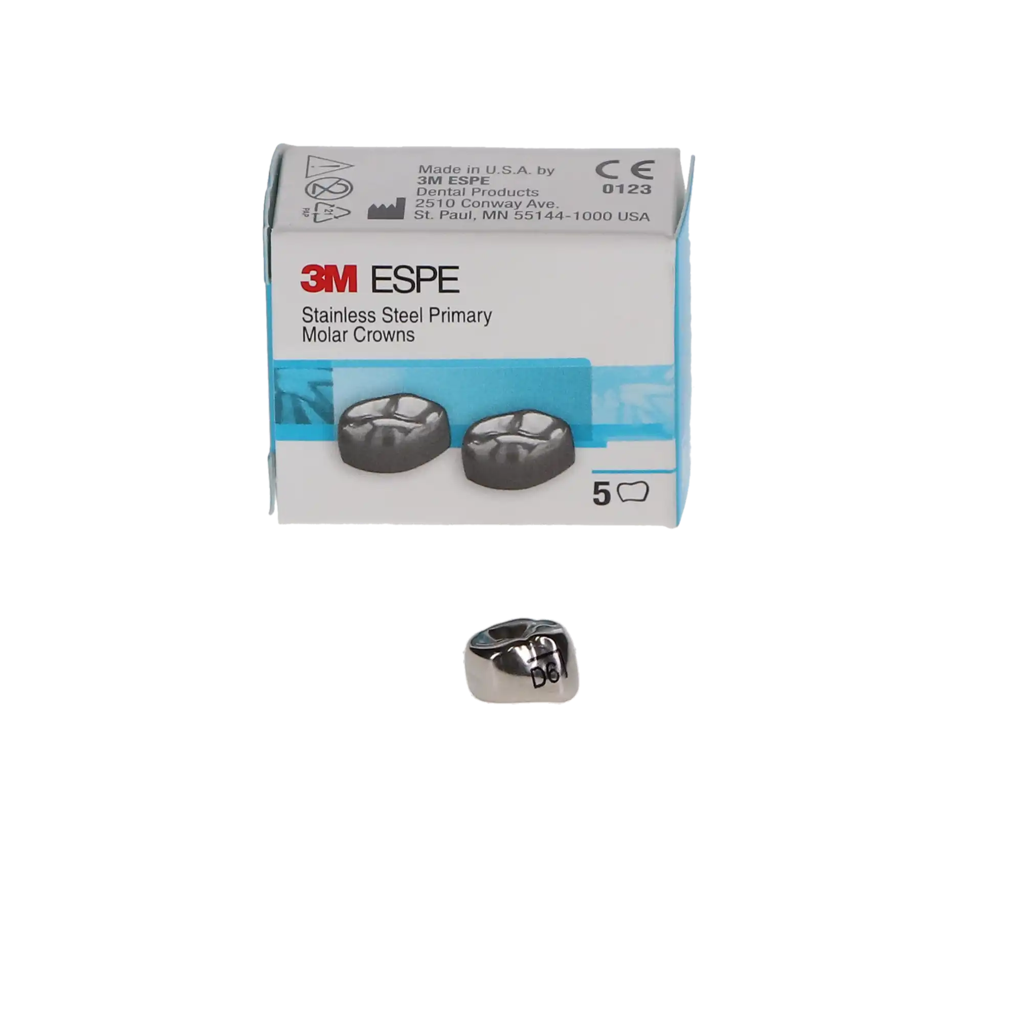 3M ESPE Stainless Steel Primary Molar Crown, First Primary Molar, Lower Right, Size DLR6, Refill Box of 5, D-LR-6 thumbnail 3