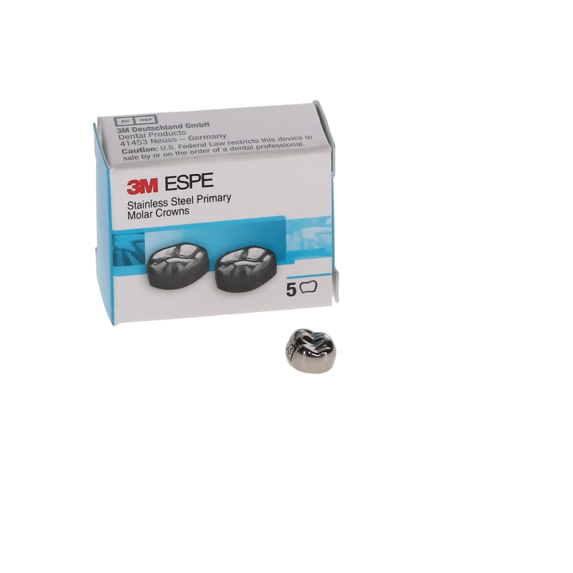 3M ESPE Stainless Steel Primary Molar Crown, DUR3, Upper Right First Primary Molar, Size 3, 5/Box, D-UR-3 thumbnail 4