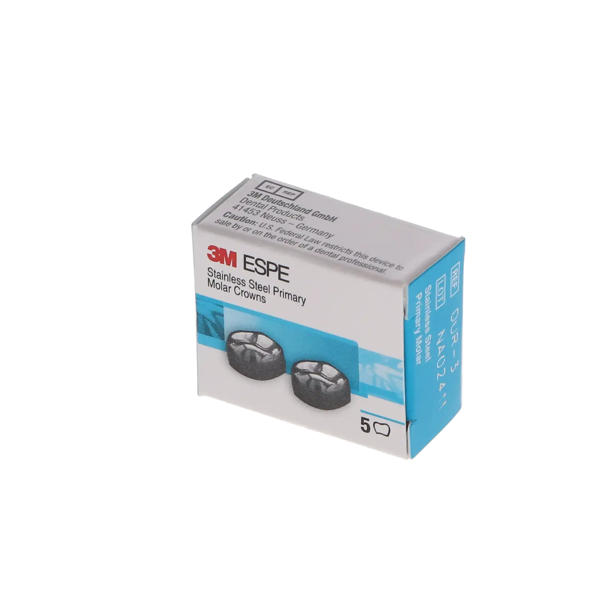 3M ESPE Stainless Steel Primary Molar Crown, DUR3, Upper Right First Primary Molar, Size 3, 5/Box, D-UR-3 thumbnail 6