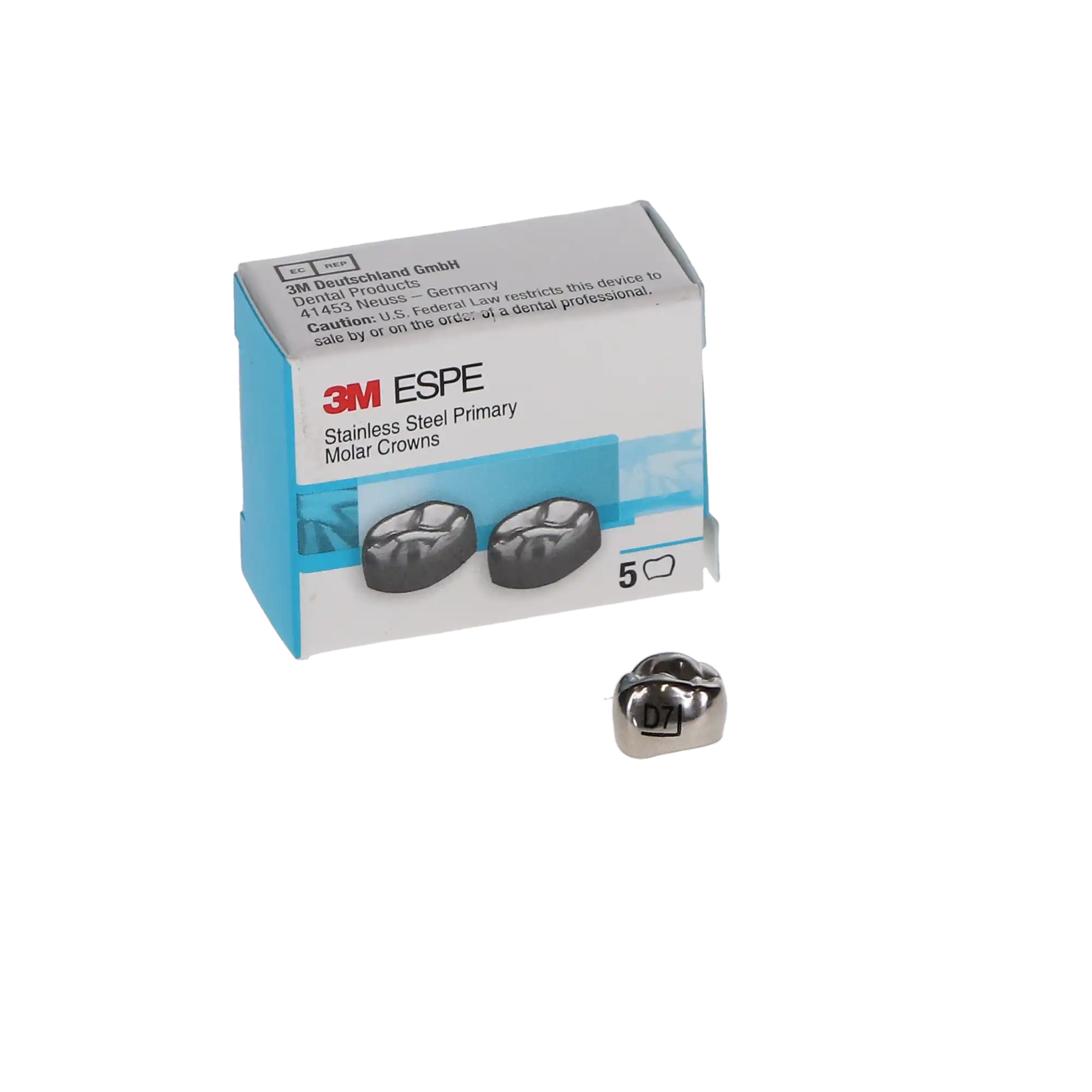 3M ESPE Stainless Steel Primary Molar Crown, First Primary Molar, Upper Right, Size DUR7, 5/Box, D-UR-7 thumbnail 3