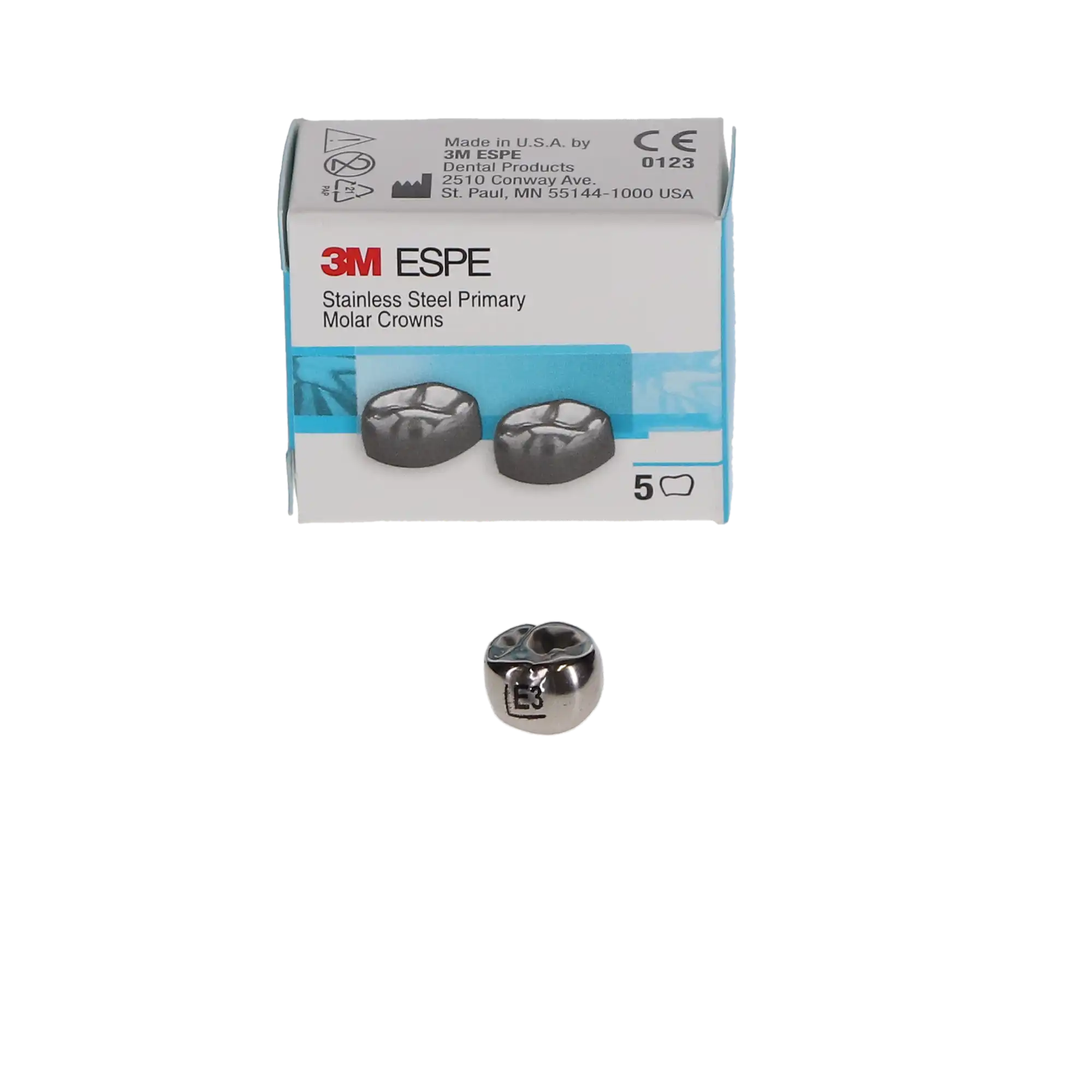 3M ESPE Stainless Steel Primary Molar Crown, EUL3, Upper Left Second Primary Molar, Size 3, 5/Box thumbnail 3