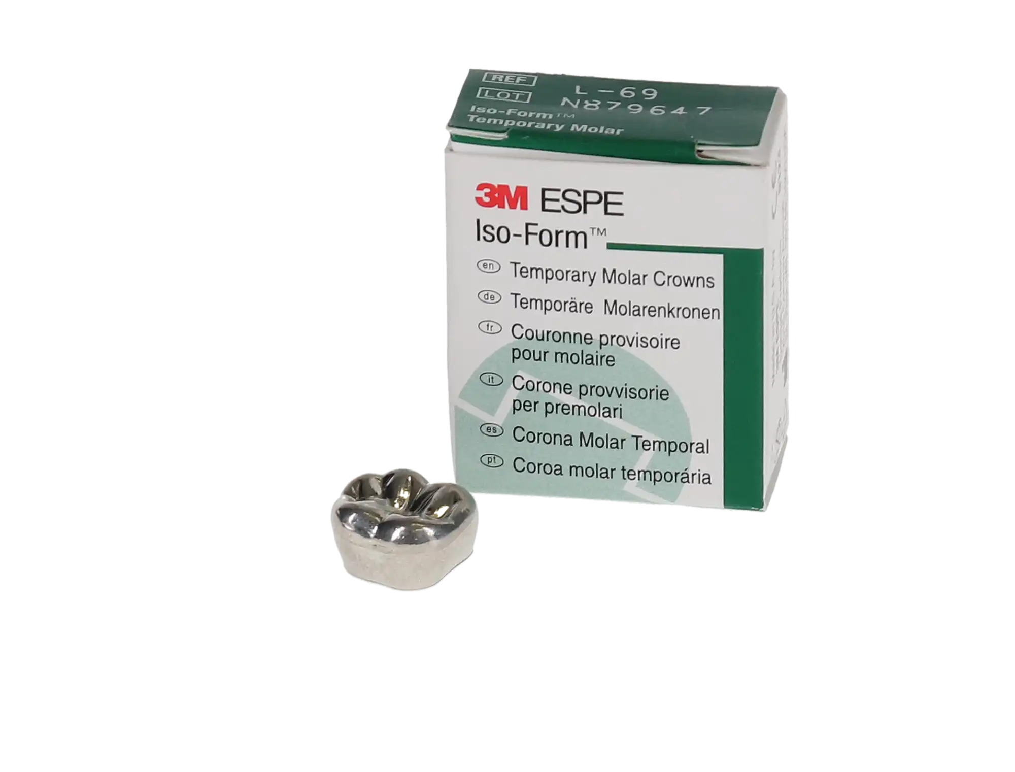 3M Iso-Form Temporary Tin-Silver Molar Crowns, Lower Left First Molar, Size L69, 5/Box thumbnail 3