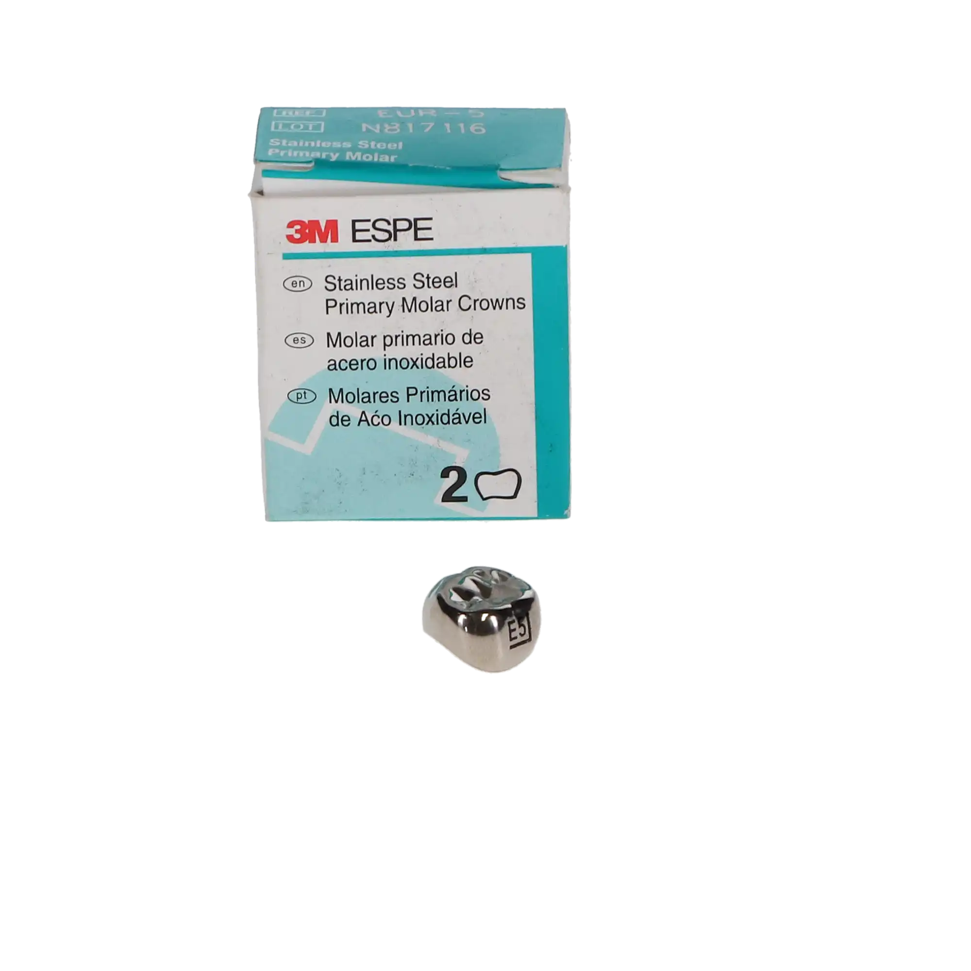 3M ESPE Stainless Steel Primary Molar Crown, Size EUR5, Upper Right Second Primary Molar, 5/Box, E-UR-5 thumbnail 3