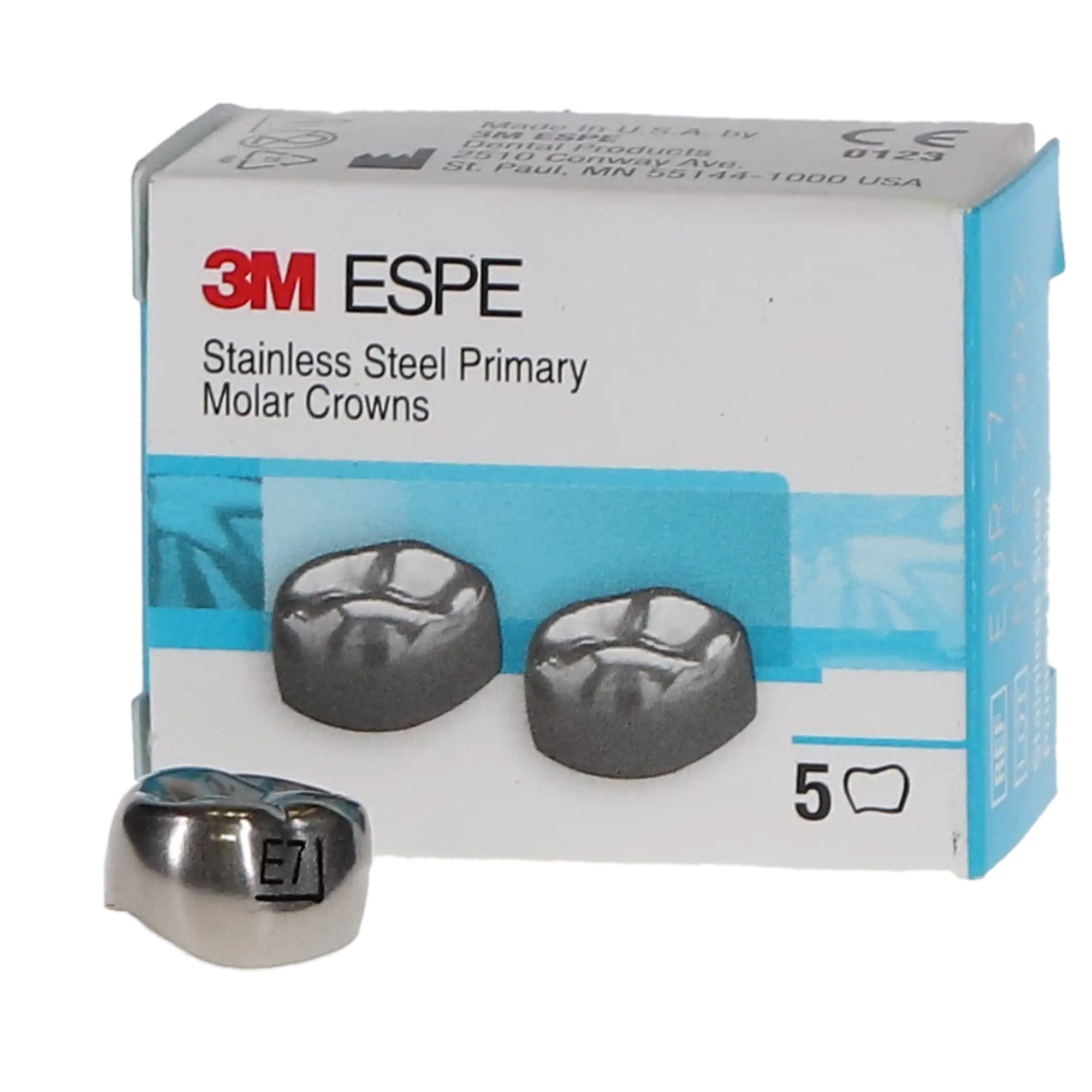 3M ESPE Stainless Steel Primary Molar Crown, Second Primary Molar, Upper Right, EUR7 / E-UR-7, Size 7, 5/Box thumbnail 3