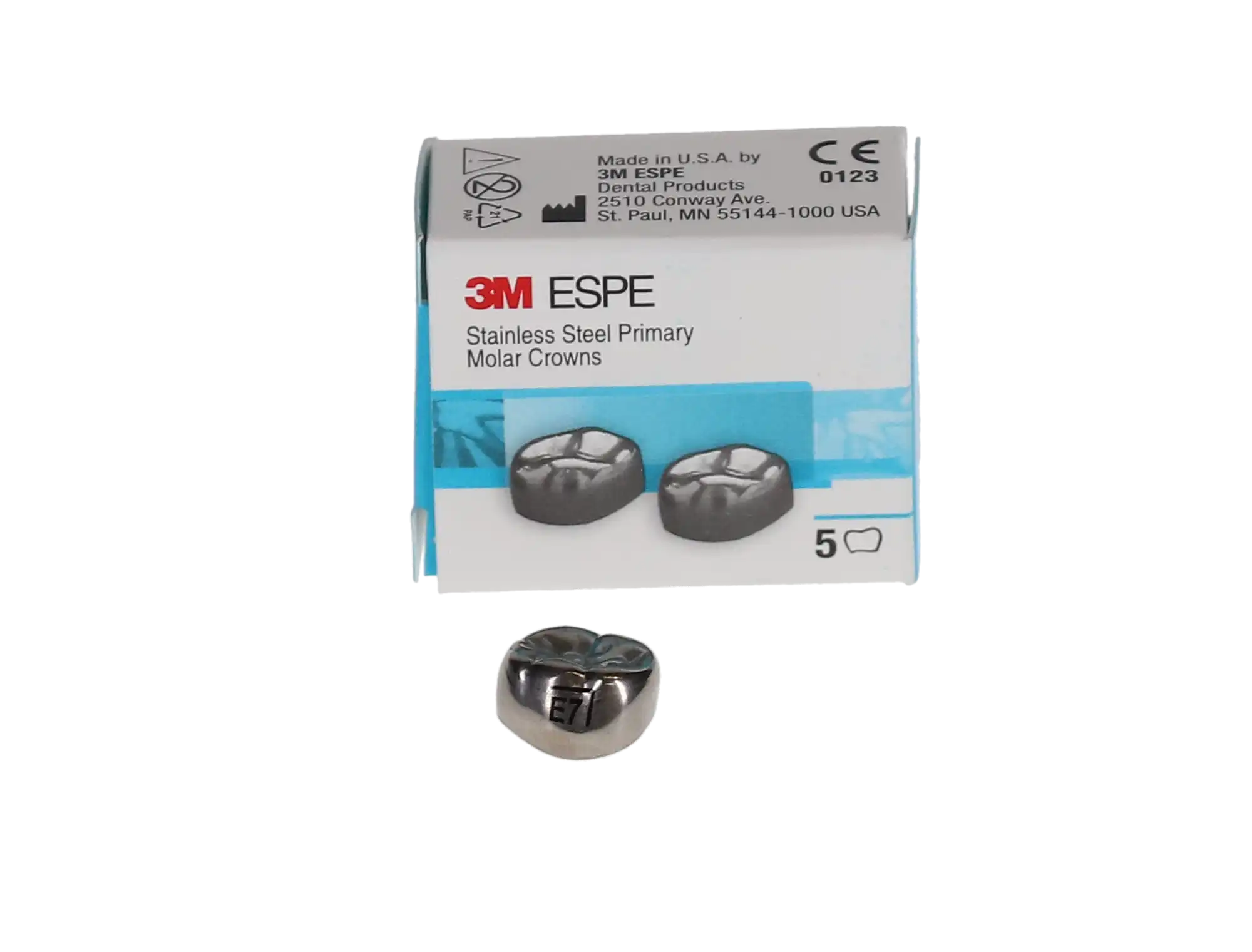 3M ESPE Stainless Steel Primary Molar Crown, Second Primary Molar, Lower Right, Size ELR7, 5/Box, E-LR-7 thumbnail 3