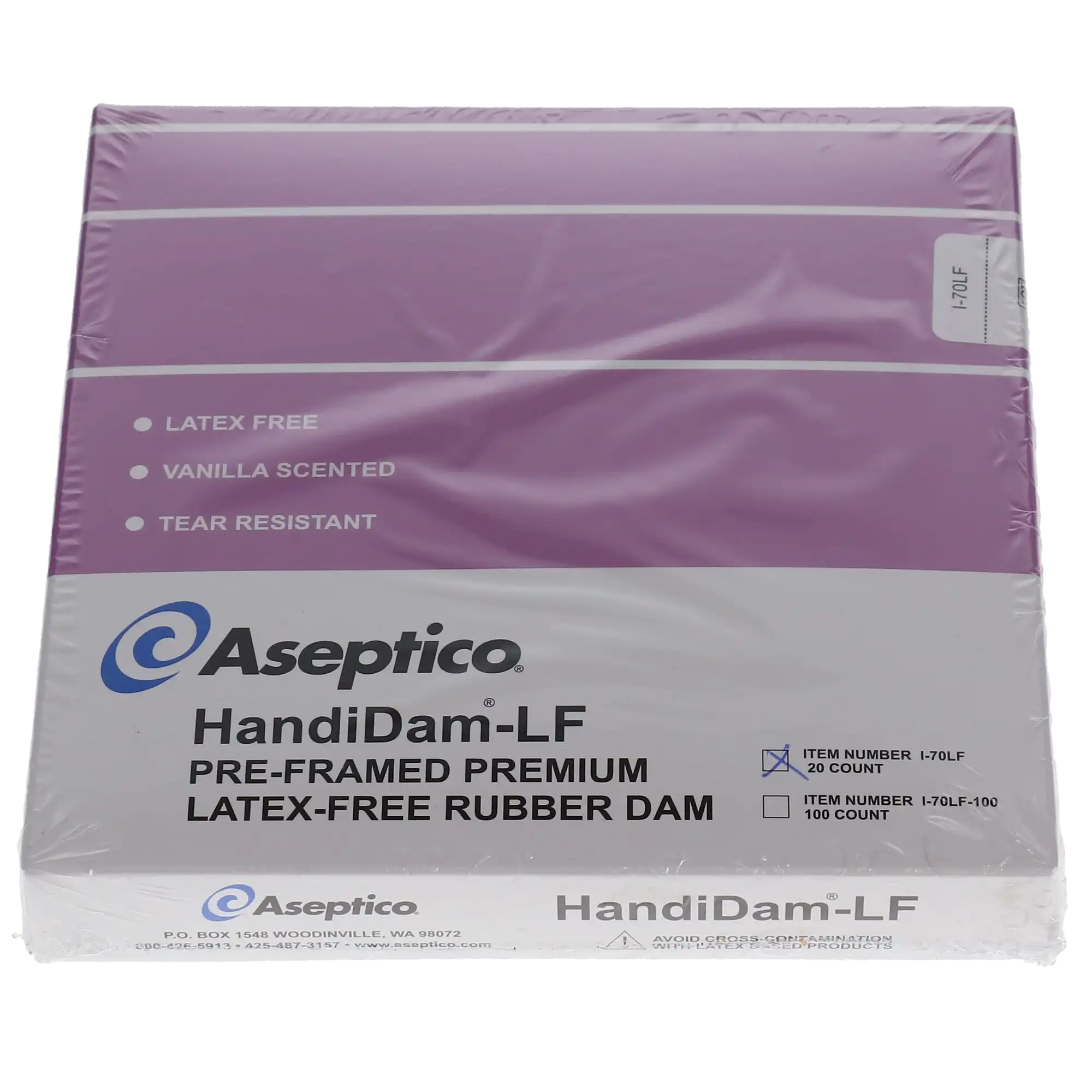 Aseptico Handi-Dam Latex-Free Pre-Framed Rubber Dam, Purple/Mauve, Powder-Free, Medium, 20/Pk, I-70LF thumbnail 5