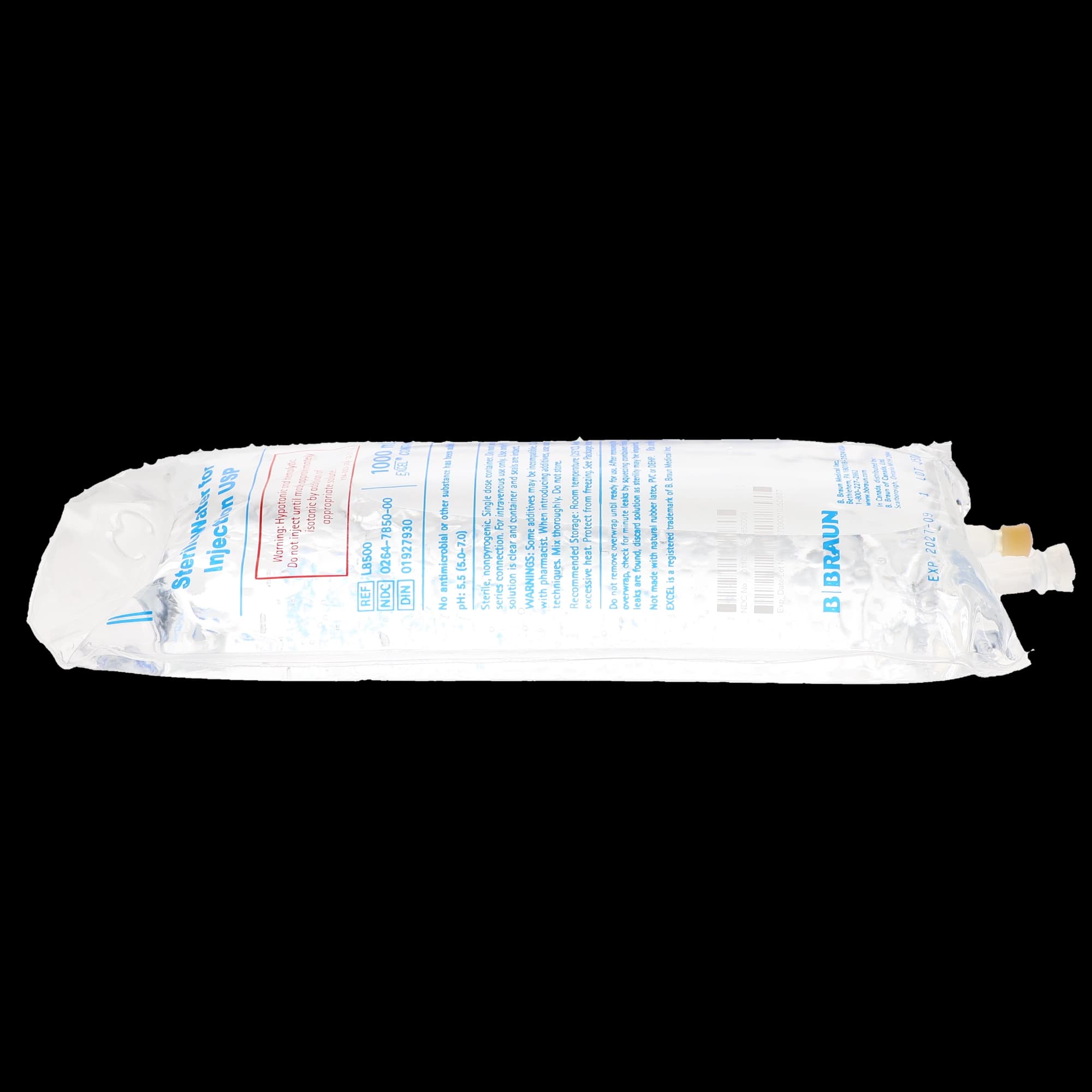 B. Braun Sterile Water for Injection USP, 1000 mL Excel Plastic Bag, PVC-Free & DEHP-Free, L8500 thumbnail 3