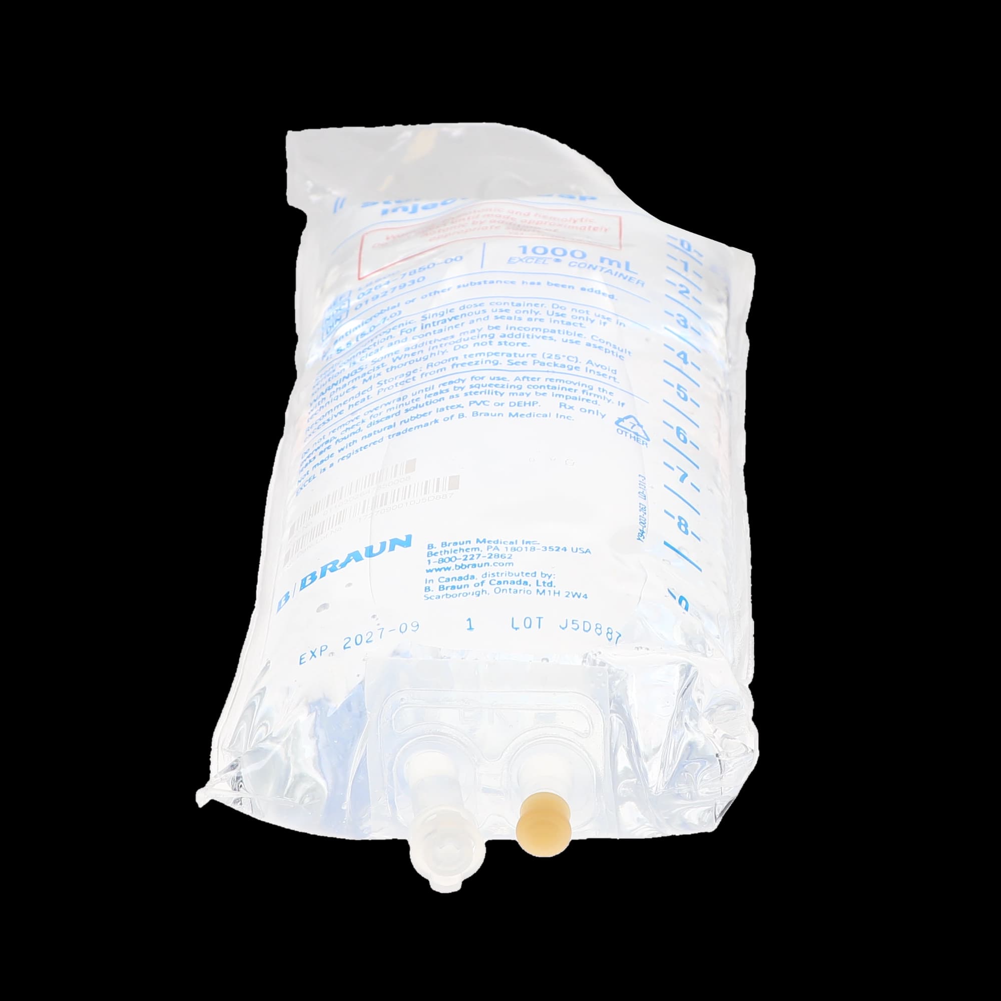 B. Braun Sterile Water for Injection USP, 1000 mL Excel Plastic Bag, PVC-Free & DEHP-Free, L8500 thumbnail 5