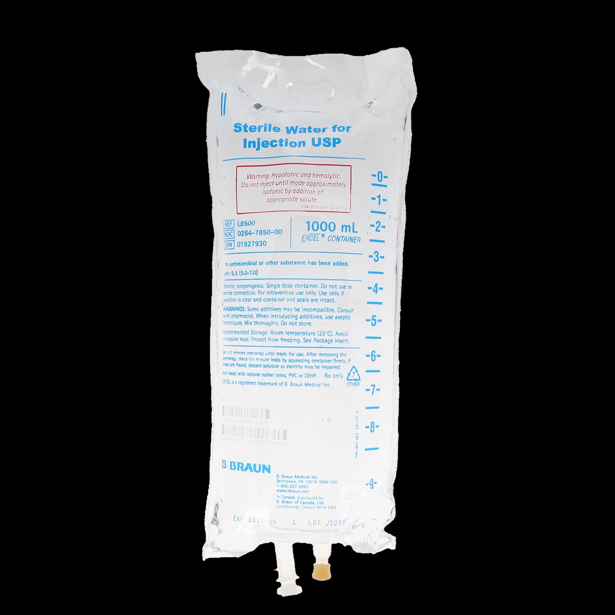 B. Braun Sterile Water for Injection USP, 1000 mL Excel Plastic Bag, PVC-Free & DEHP-Free, L8500 thumbnail 2