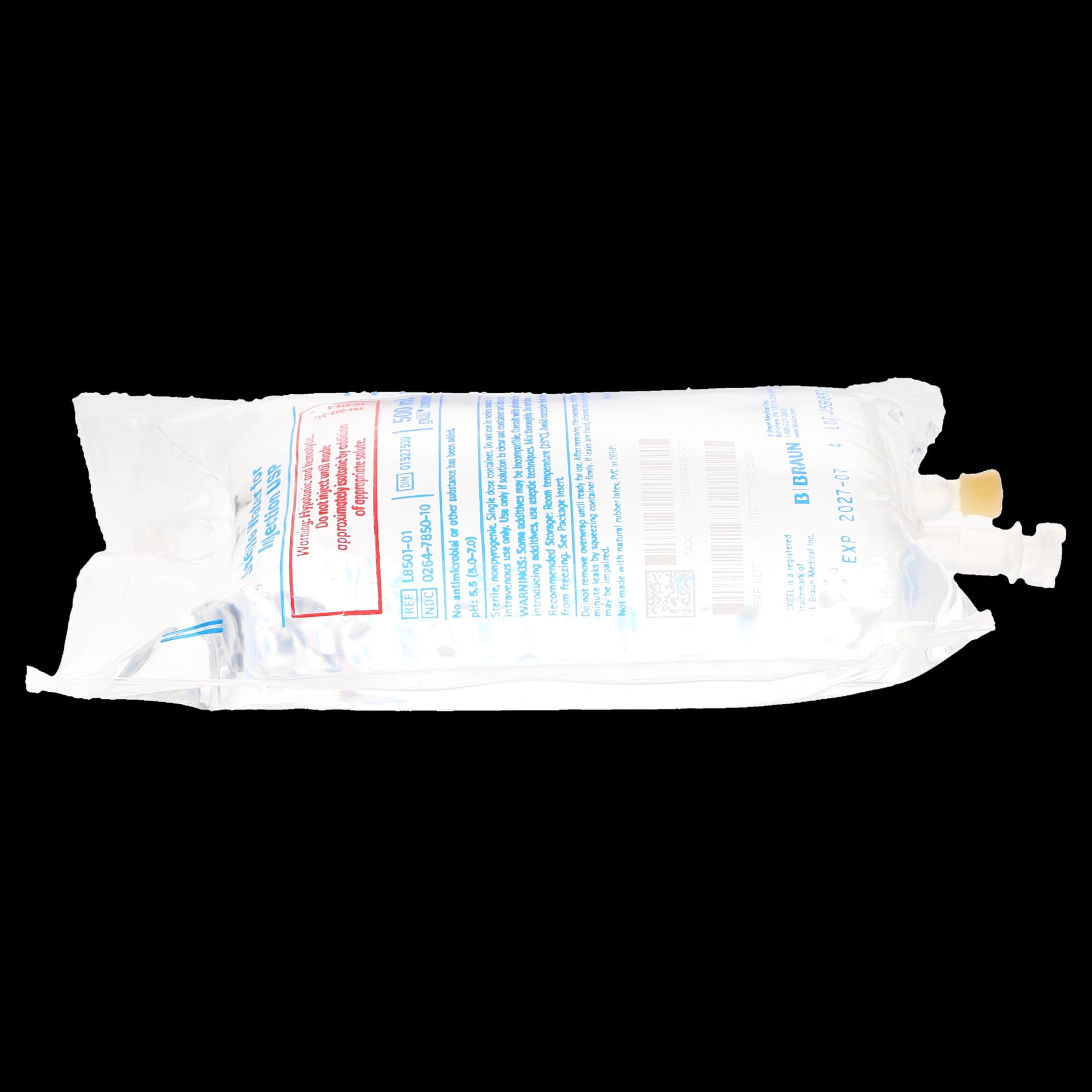 B. Braun Sterile Water for Injection USP, 500 mL Flexible Bag, DEHP-Free, L8501, Each thumbnail 3