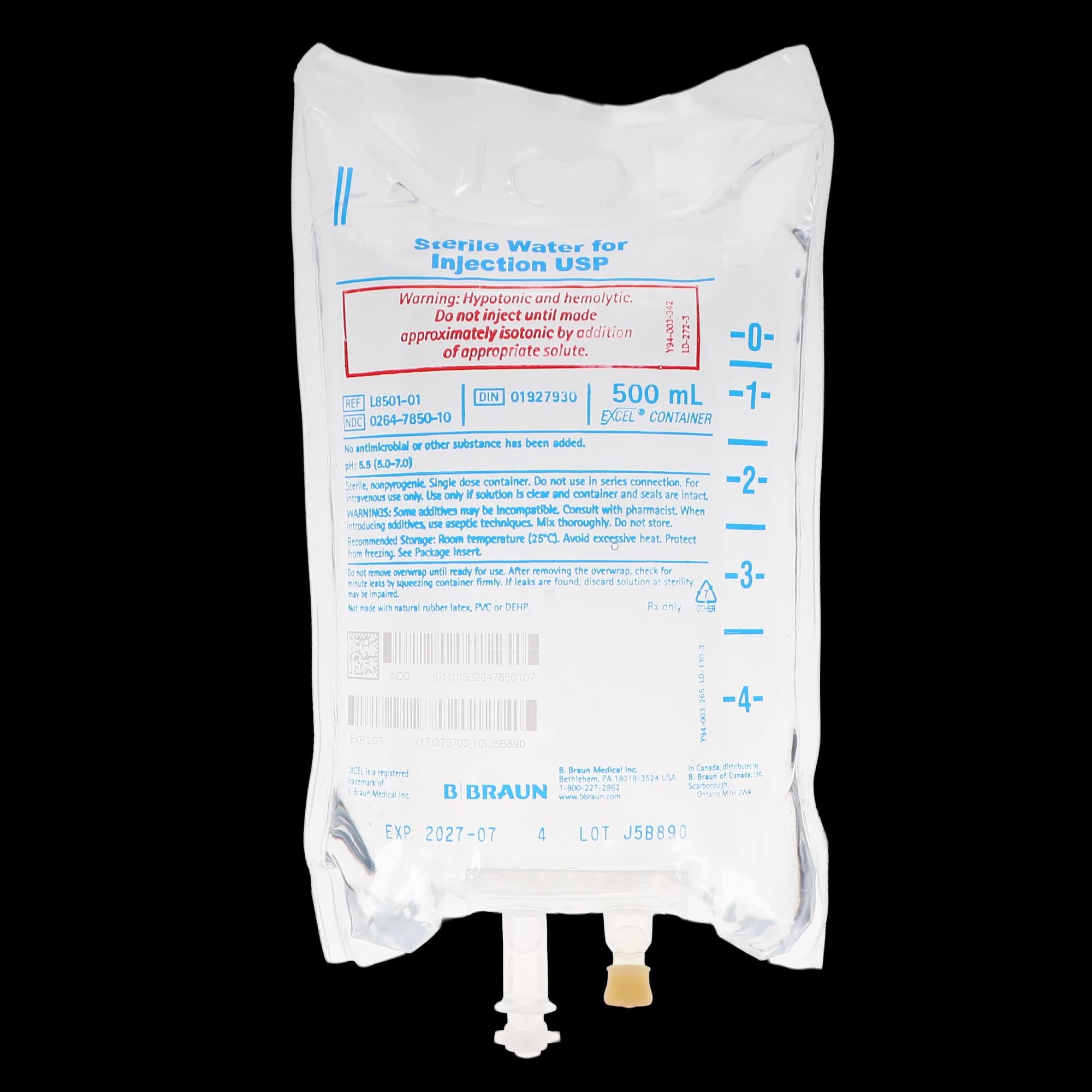B. Braun Sterile Water for Injection USP, 500 mL Flexible Bag, DEHP-Free, L8501, Each thumbnail 2