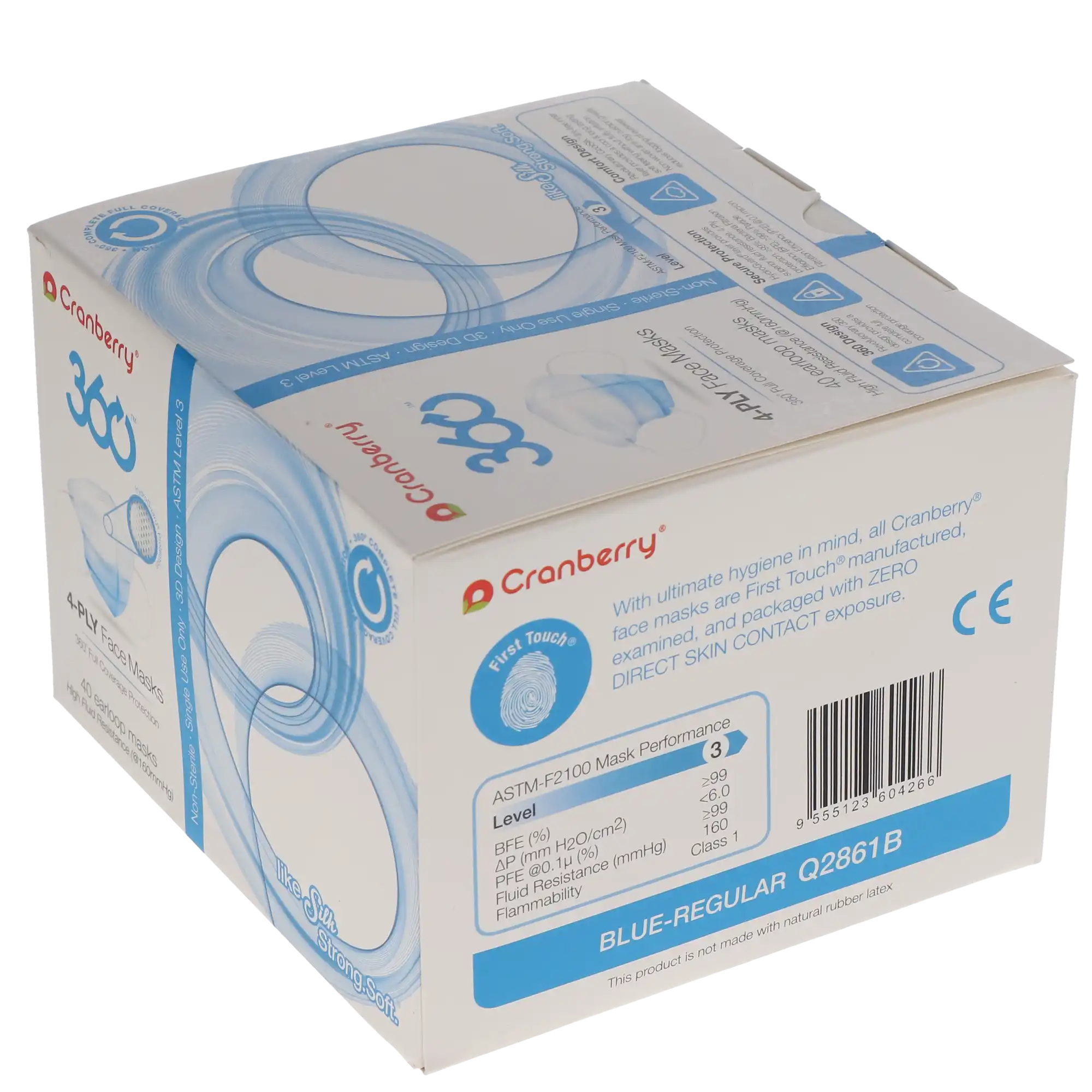 Cranberry 360 4-Ply Earloop Face Masks, ASTM Level 3, Anti-Fog, Latex-Free, Regular, Blue, 40/Box, Q2861B thumbnail 12