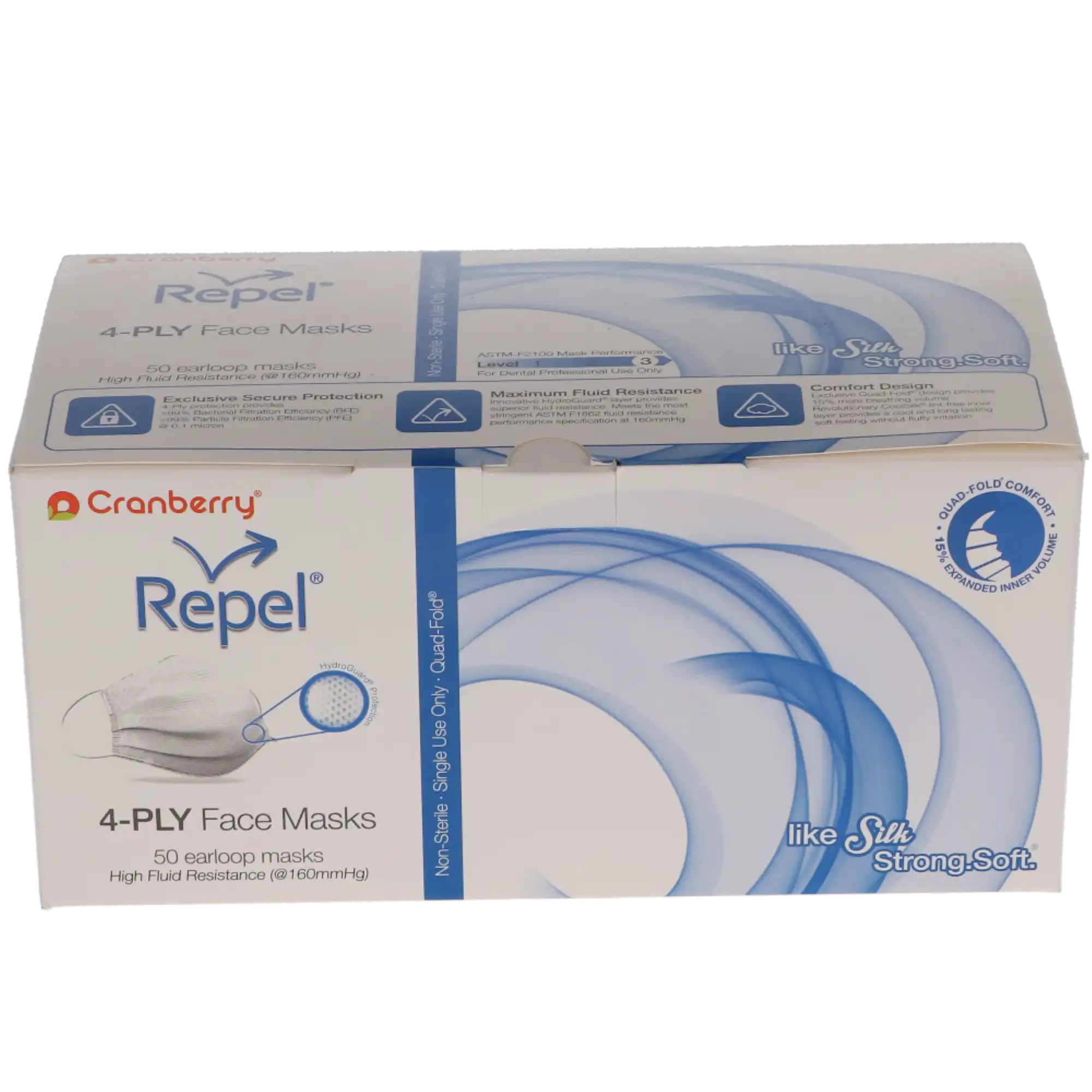 Cranberry Repel 4-Ply Earloop Procedure Face Mask, ASTM Level 3, Pearl Silver, One Size Fits Most, 50/Box, R2960SI thumbnail 16