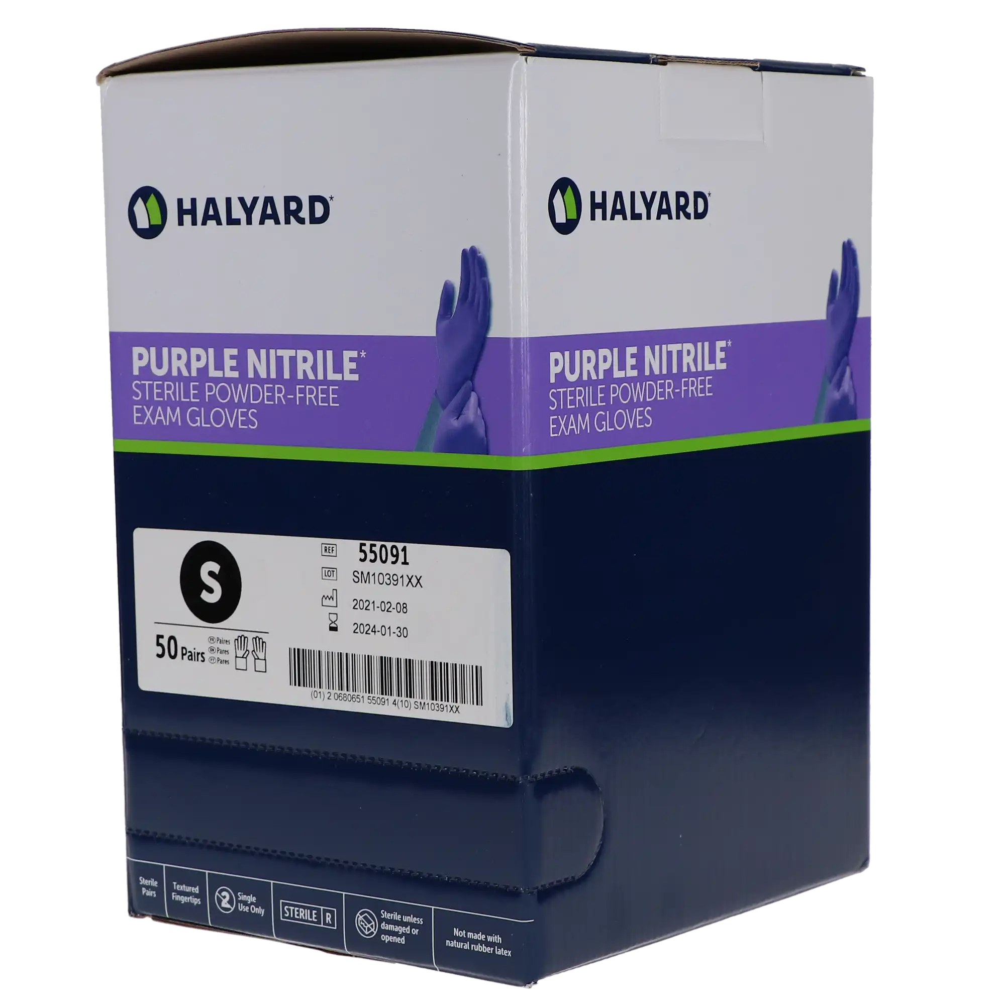 Halyard Purple Nitrile Sterile Exam Gloves, Powder-Free, Small, 50 Pairs/Box, 55091 thumbnail 2