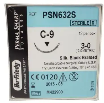 Hu-Friedy Perma Sharp Silk Black Braided Suture, 3-0, 18", C-9 Reverse Cutting 1/2 Circle Needle, 12/Box, PSN632S thumbnail 5
