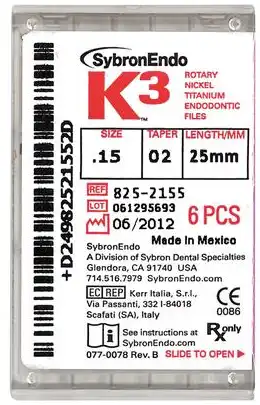 K3 Nickel-Titanium Rotary Endodontic Files, 25 mm, 0.02 Taper, #15, White, 6/Pk, 825-2155 thumbnail 8