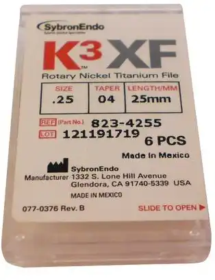 K3XF NiTi Rotary Files, .04 Taper, #25, 25 mm, Red, 6/Pk, 823-4255 thumbnail 8