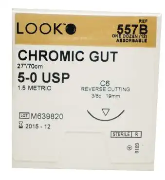 Look Chromic Gut Absorbable Suture, 5-0, 27"/70 cm, C6 Reverse Cutting Needle, 3/8 Circle, 12/Pk, 557B thumbnail 5