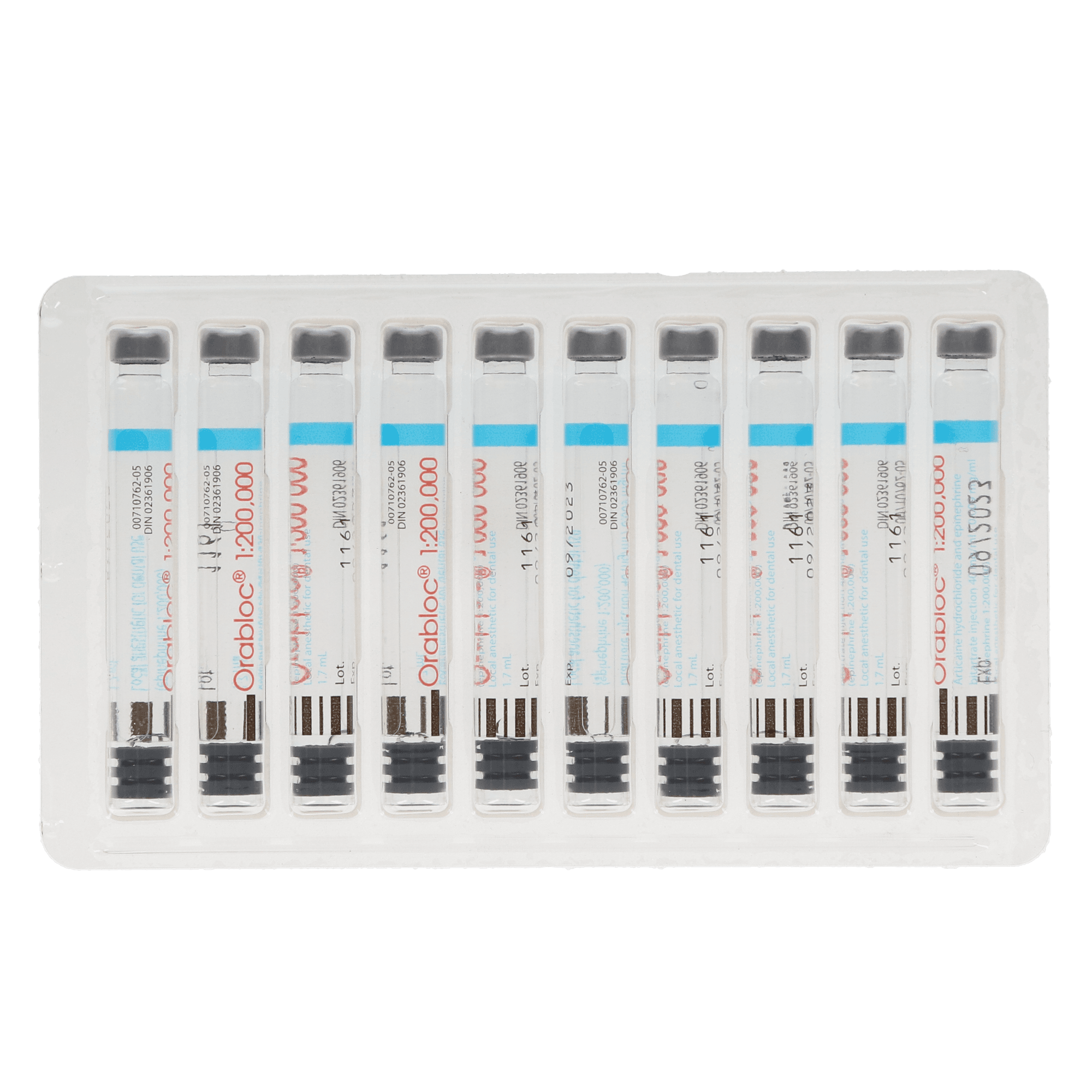 Orabloc Articaine HCl 4% with Epinephrine 1:200,000 Injection Cartridges, 1.8 mL, Blue, 50/Pk, 2101052 thumbnail 2